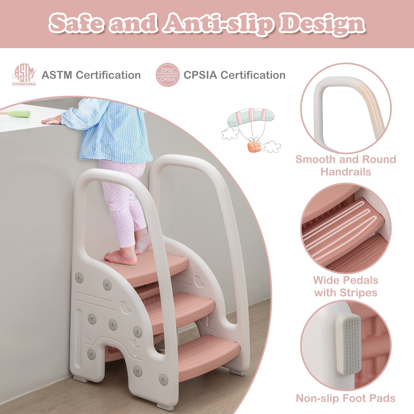 3-Step Stool with Safety Handles and Non-slip Pedals for Toddlers, Pink Toddler & Kids Furniture   at Gallery Canada