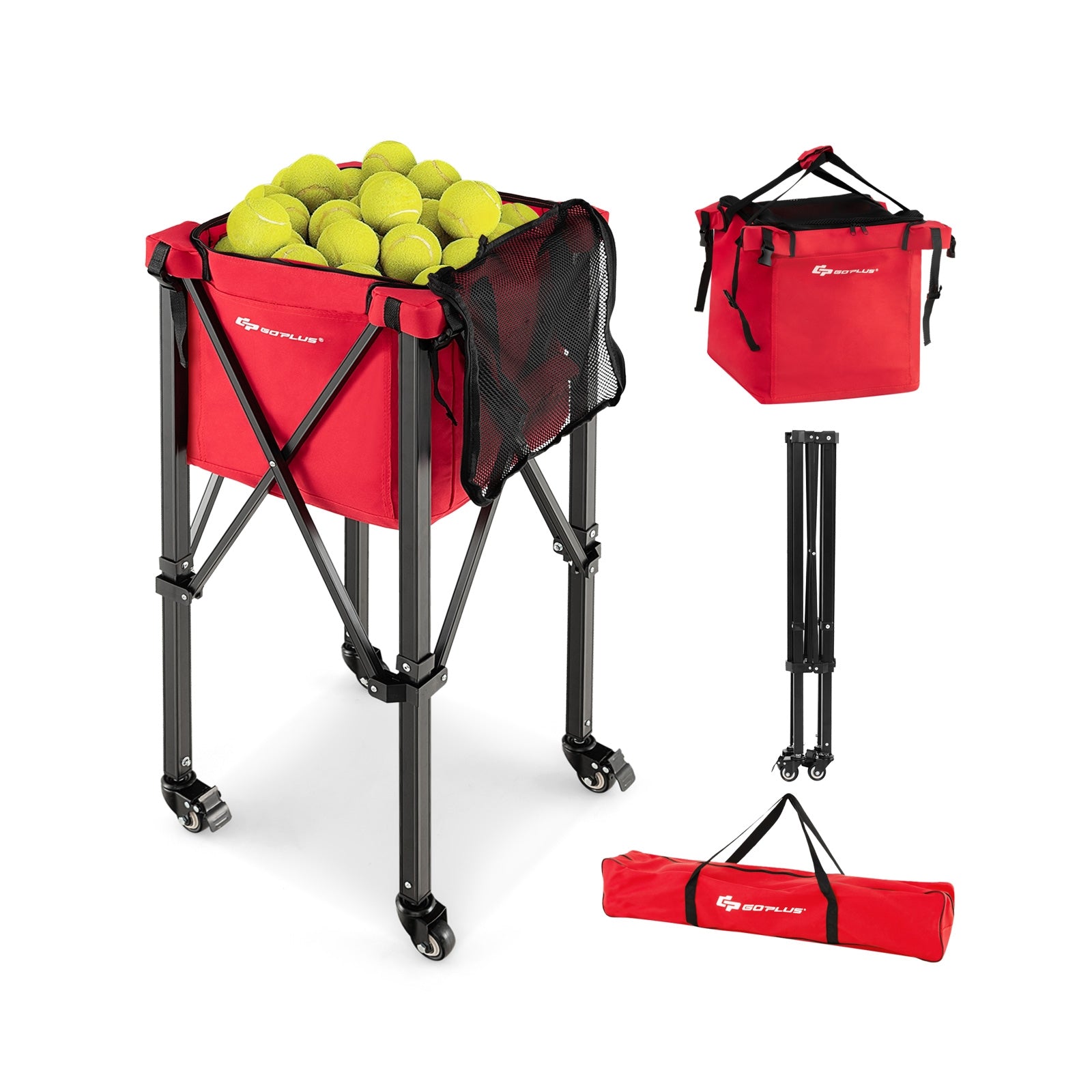 Lightweight Foldable Tennis Ball Teaching Cart with Wheels and Removable Bag, Red Sport Equipments Red  at Gallery Canada