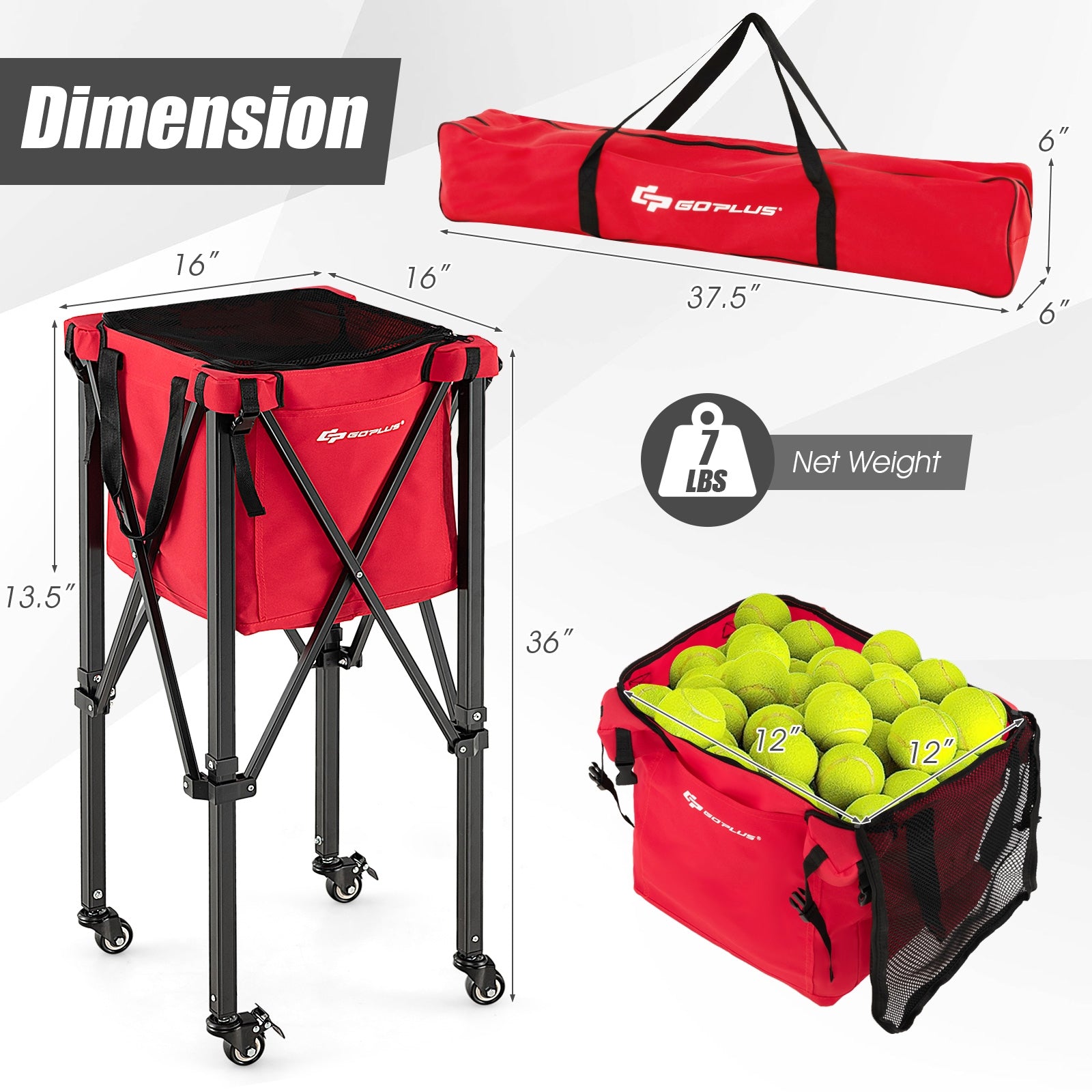 Lightweight Foldable Tennis Ball Teaching Cart with Wheels and Removable Bag, Red Sport Equipments   at Gallery Canada