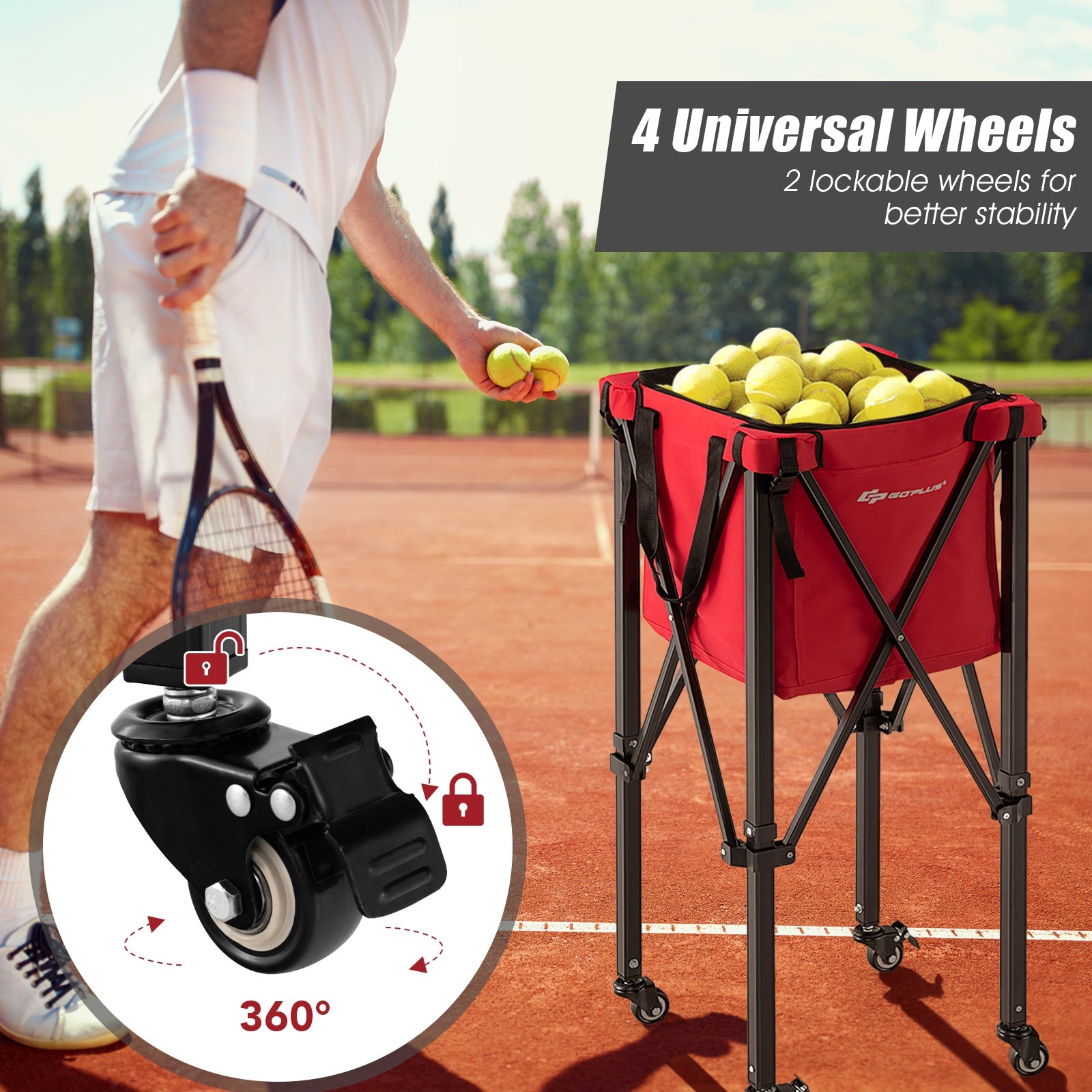 Lightweight Foldable Tennis Ball Teaching Cart with Wheels and Removable Bag, Red Sport Equipments   at Gallery Canada