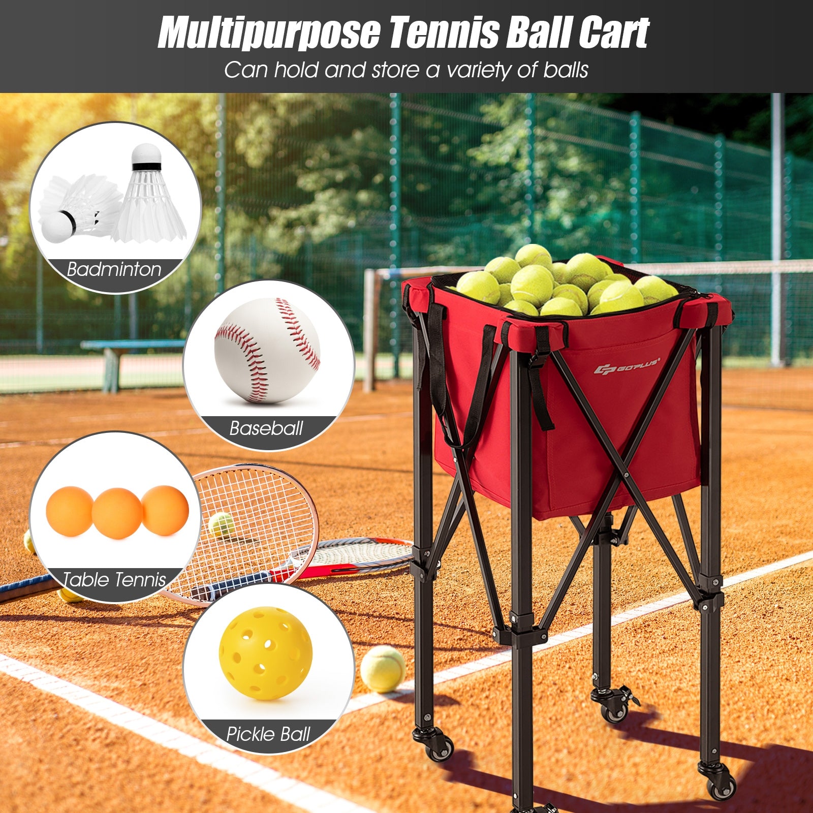 Lightweight Foldable Tennis Ball Teaching Cart with Wheels and Removable Bag, Red Sport Equipments   at Gallery Canada