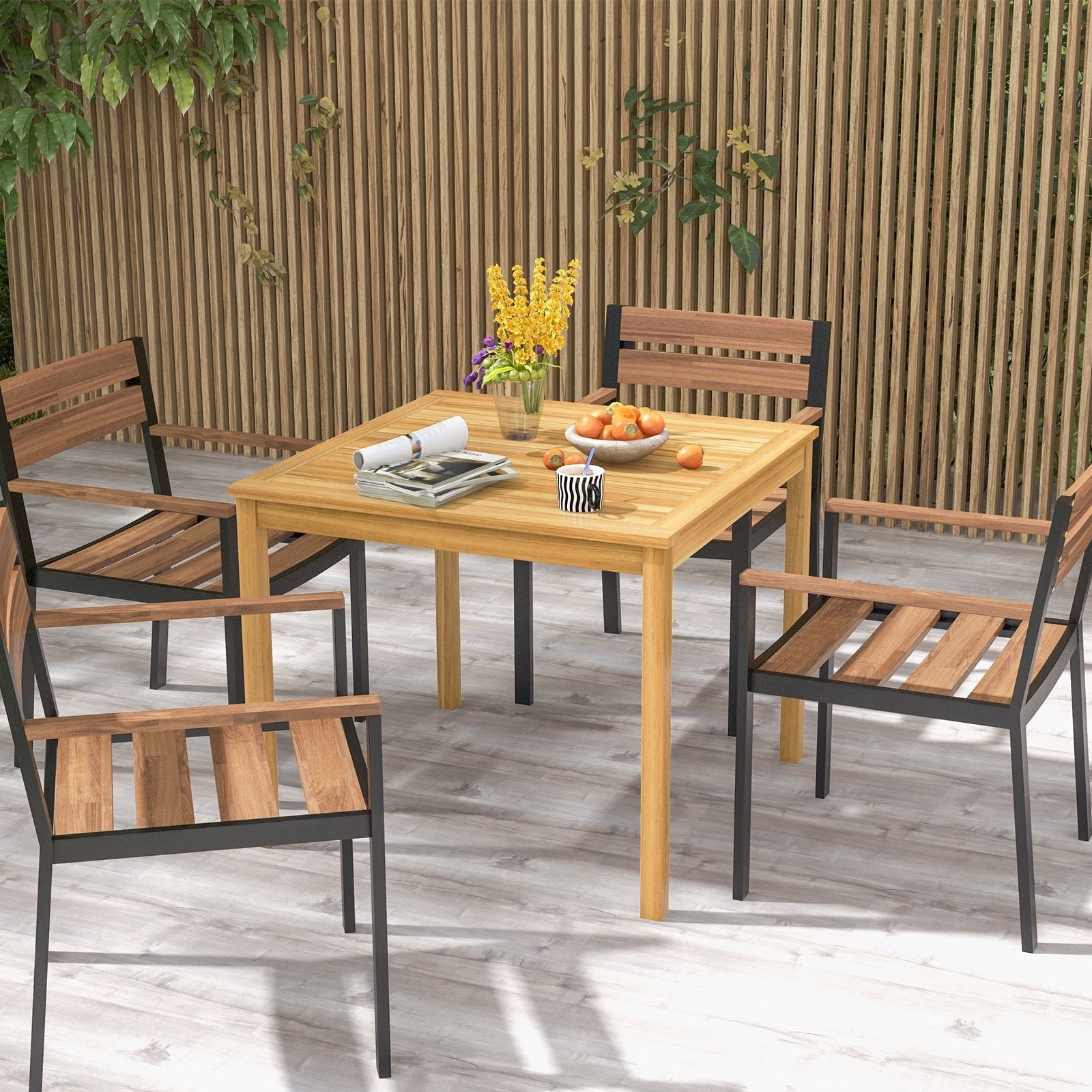 Square Acacia Wood Outdoor Dining Table with Umbrella Hole, Natural Patio Dining Tables   at Gallery Canada