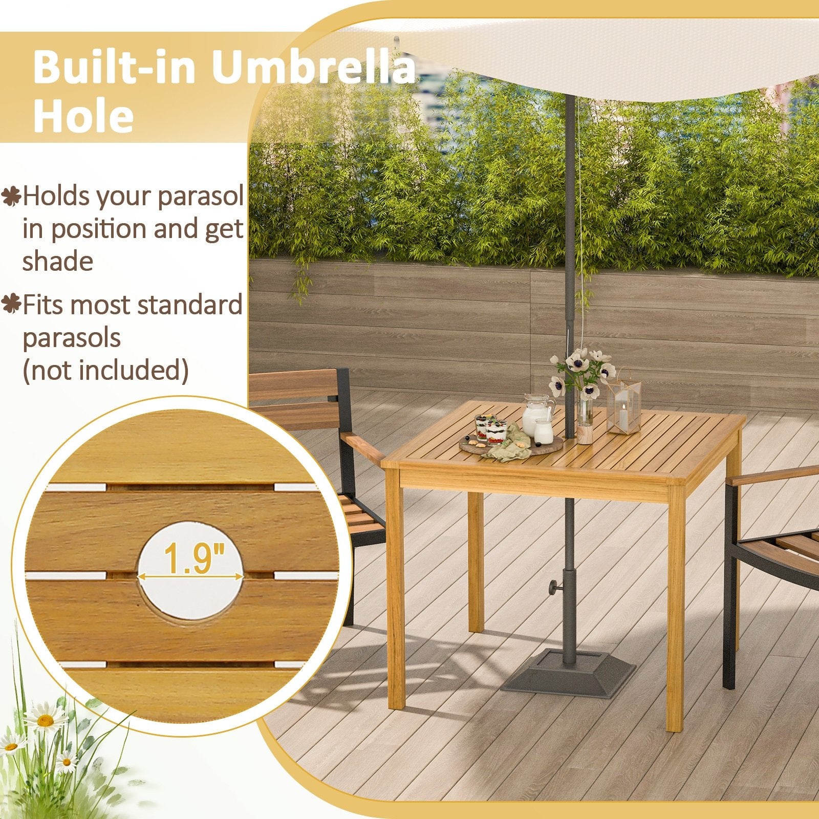 Square Acacia Wood Outdoor Dining Table with Umbrella Hole, Natural Patio Dining Tables   at Gallery Canada