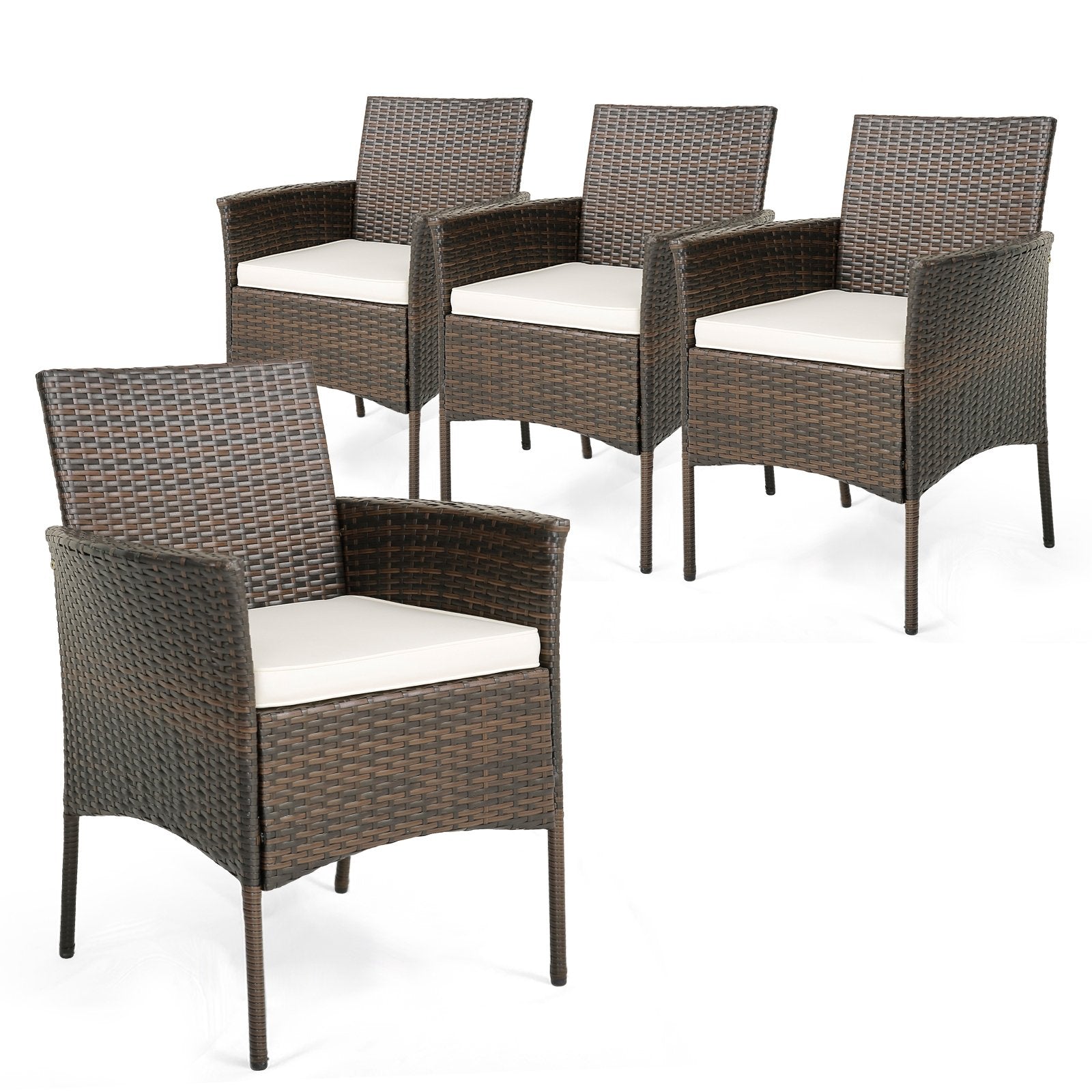 Set of 4 Patio PE Wicker Dining Chairs with Seat Cushions and Armrests-Set of 4, Brown Patio Dining Chairs   at Gallery Canada