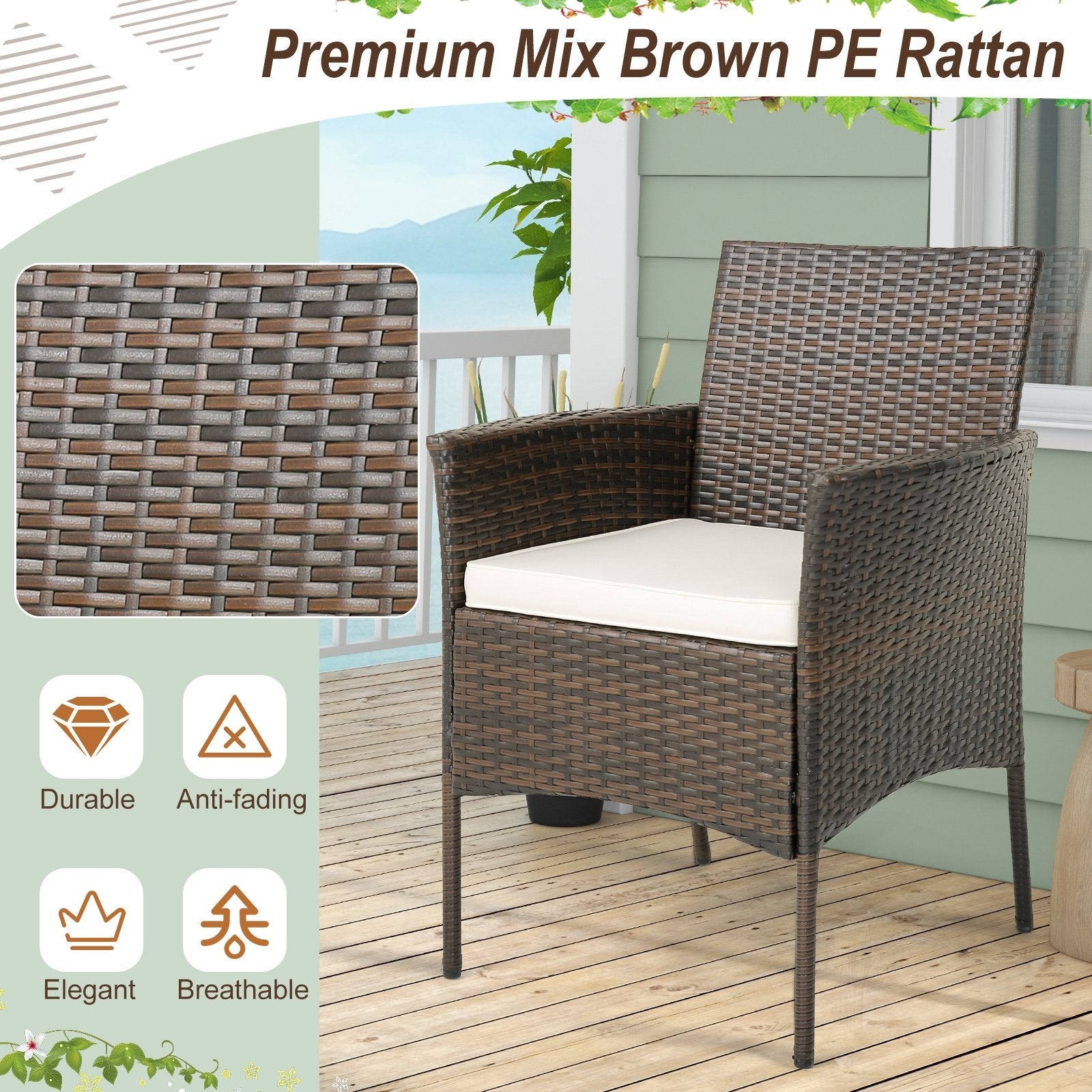 Set of 4 Patio PE Wicker Dining Chairs with Seat Cushions and Armrests-Set of 4, Brown Patio Dining Chairs   at Gallery Canada