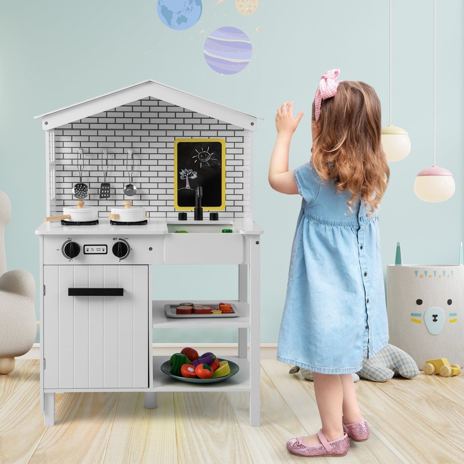 Kids Wooden Kitchen Play Set with Storage Shelves and Accessories, White Play Kitchen Sets   at Gallery Canada