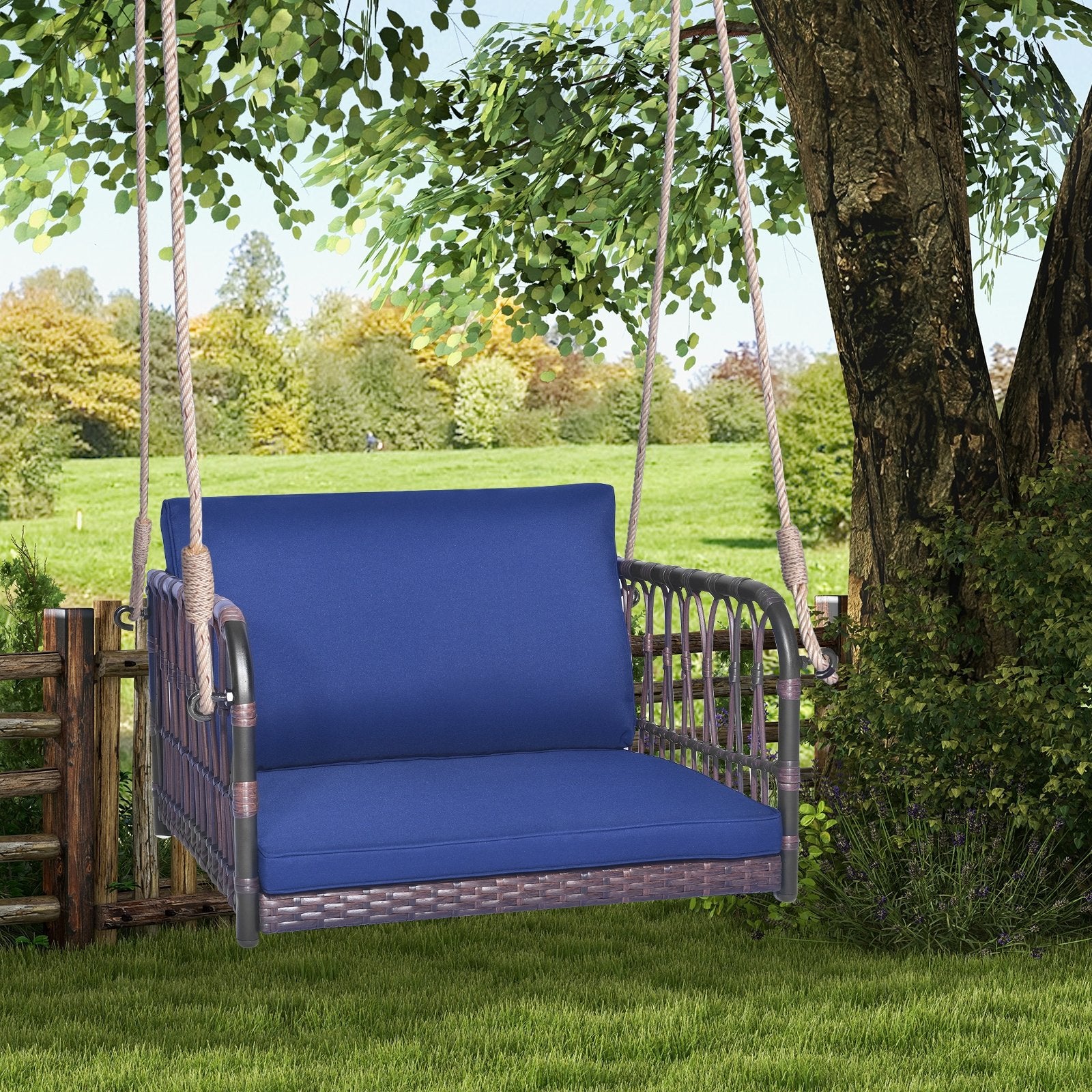 Single Person Hanging Seat with Seat and Back Cushions, Navy Patio Rocking Chairs & Gliders   at Gallery Canada