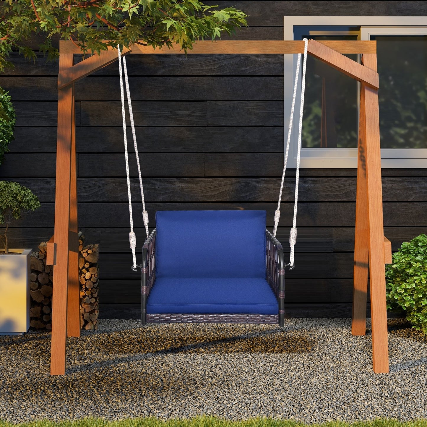 Single Person Hanging Seat with Seat and Back Cushions, Navy Patio Rocking Chairs & Gliders   at Gallery Canada