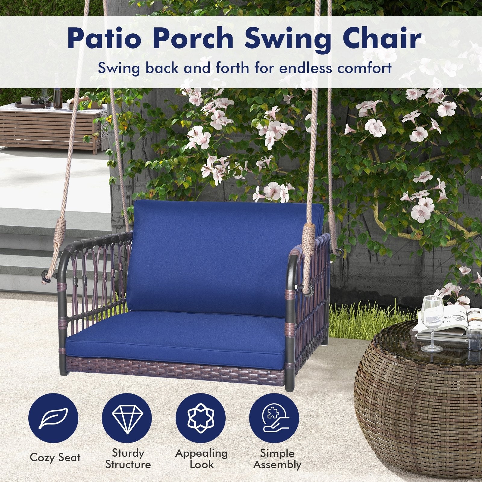 Single Person Hanging Seat with Seat and Back Cushions, Navy Patio Rocking Chairs & Gliders   at Gallery Canada