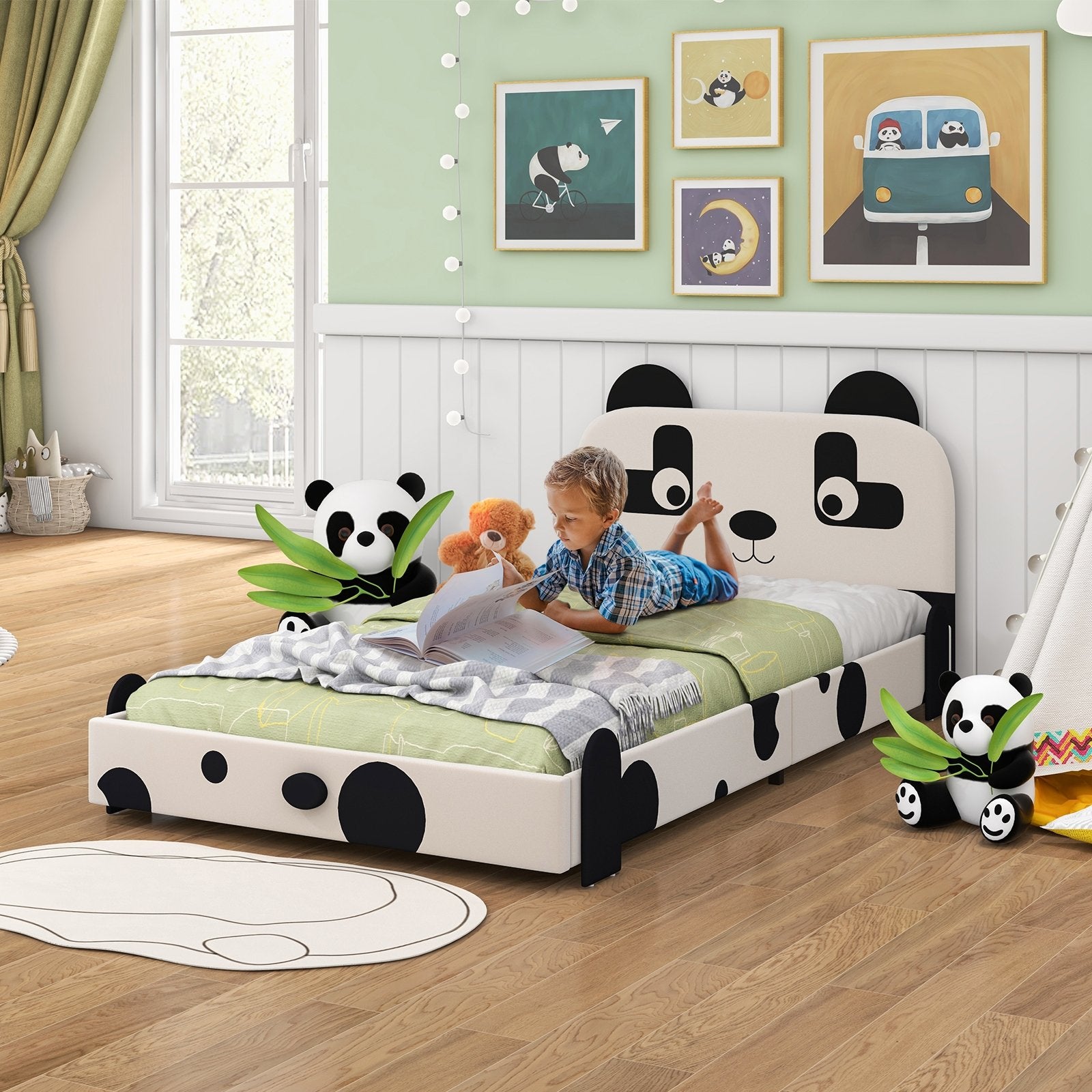 Twin Size Kids Bed with Cute Panda Headboard, Black & White Toddler Beds   at Gallery Canada