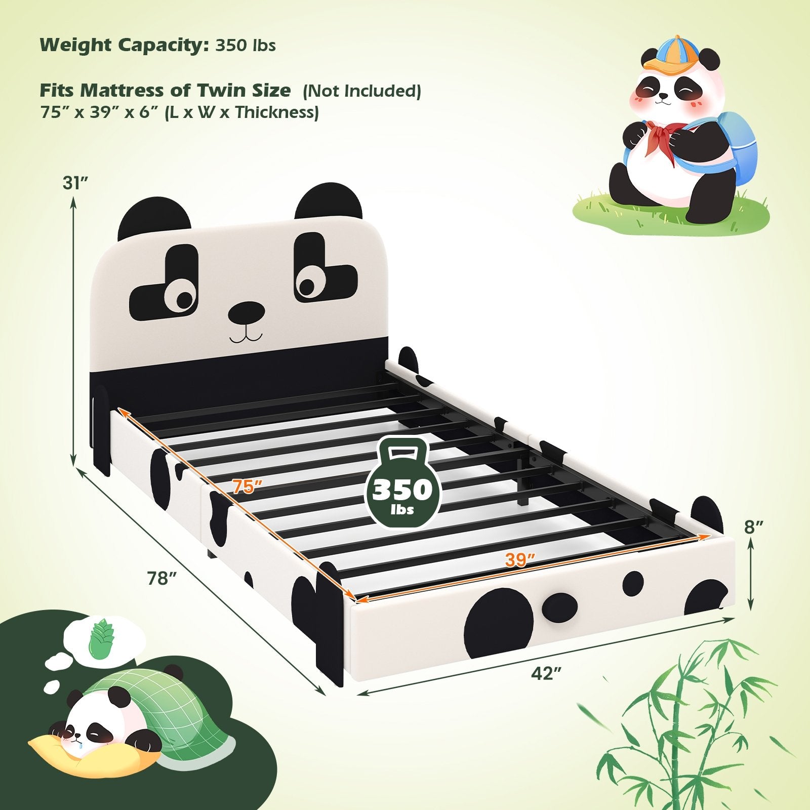 Twin Size Kids Bed with Cute Panda Headboard, Black & White Toddler Beds   at Gallery Canada