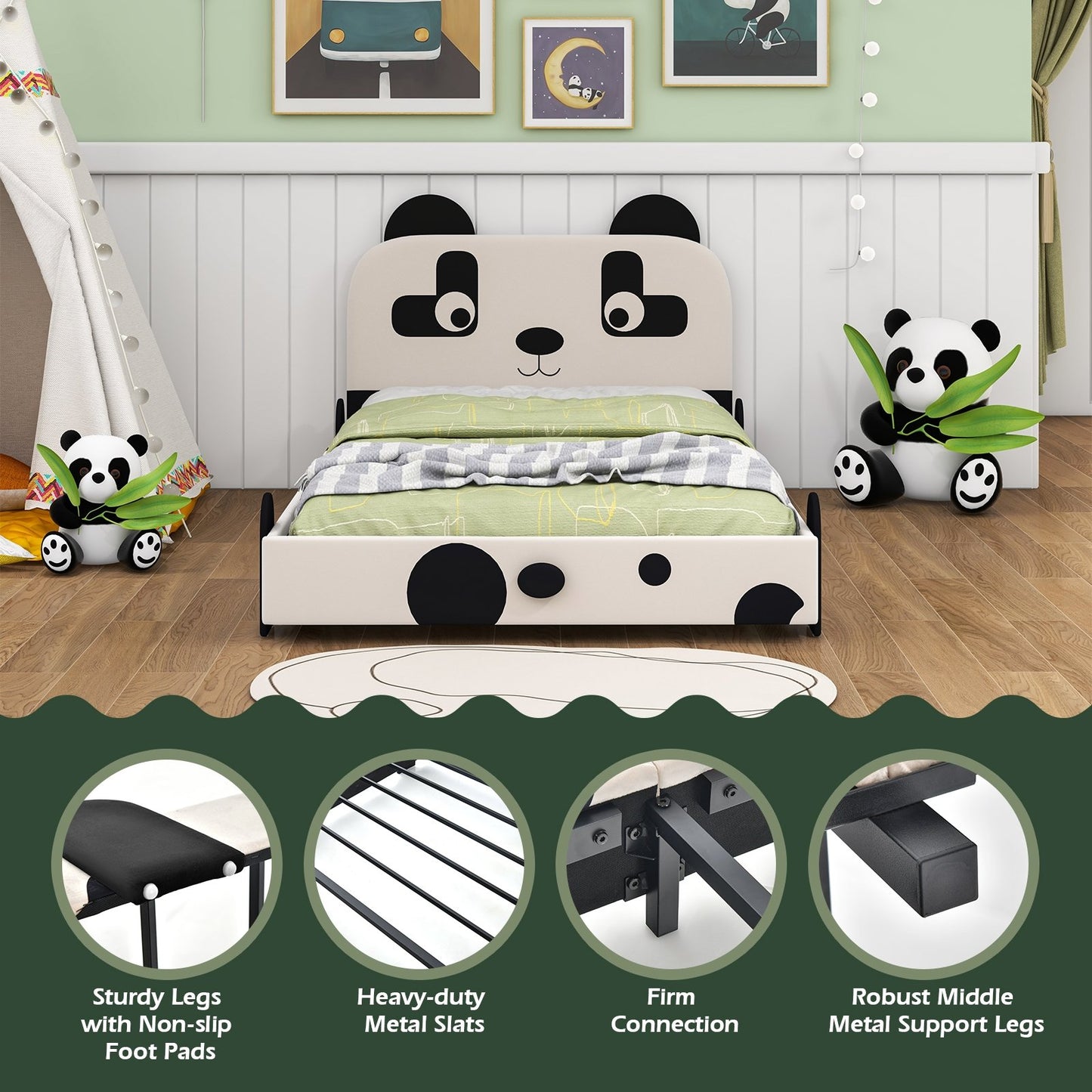 Twin Size Kids Bed with Cute Panda Headboard, Black & White Toddler Beds   at Gallery Canada