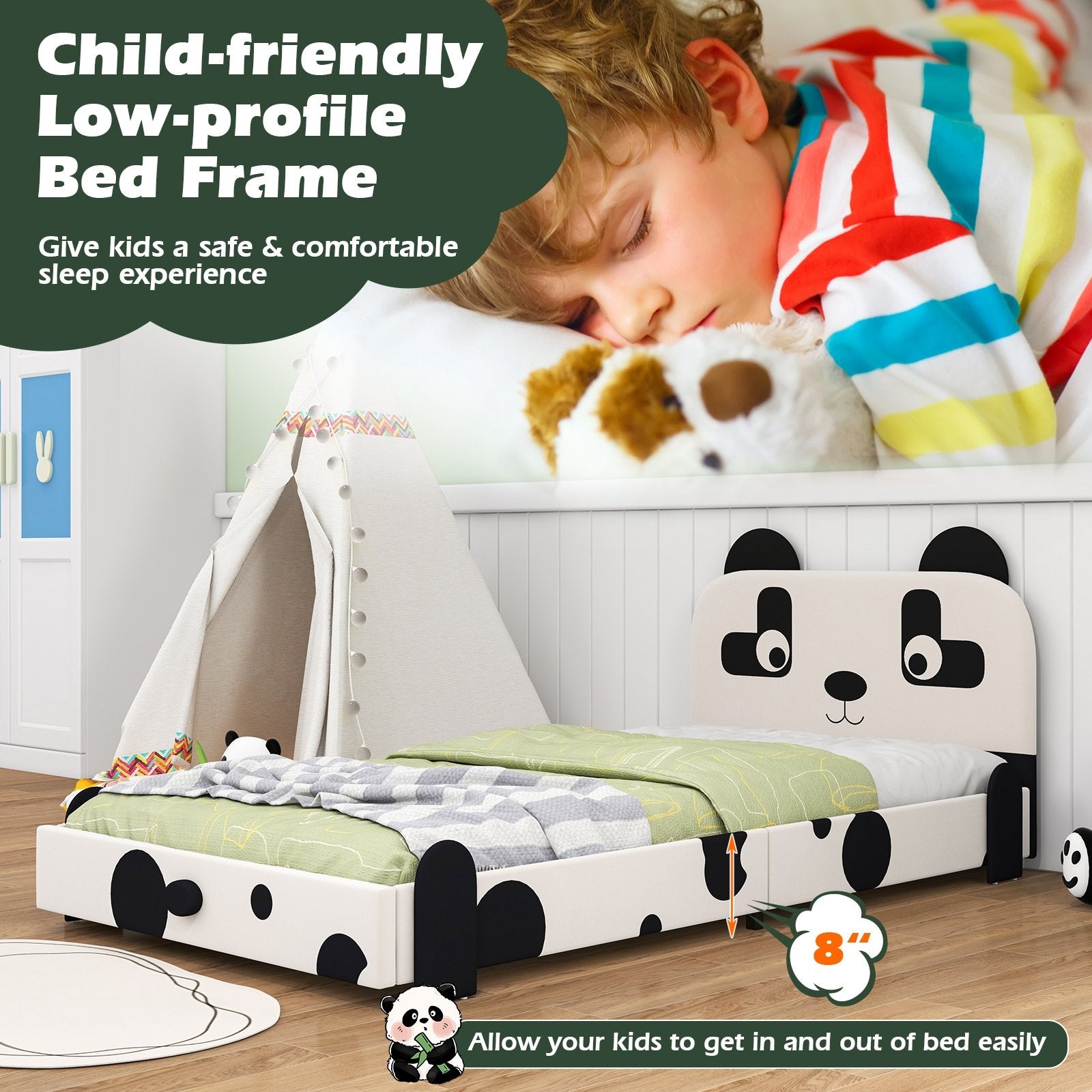 Twin Size Kids Bed with Cute Panda Headboard, Black & White Toddler Beds   at Gallery Canada