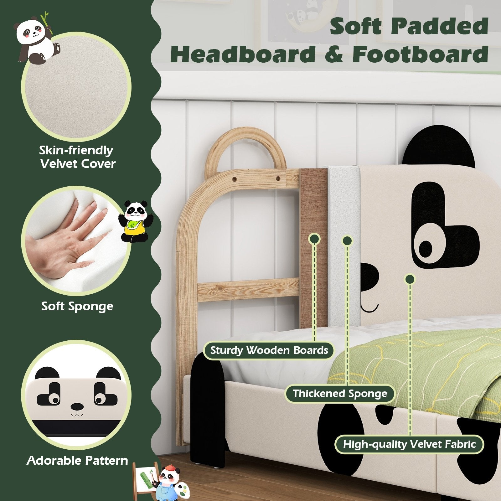 Twin Size Kids Bed with Cute Panda Headboard, Black & White Toddler Beds   at Gallery Canada