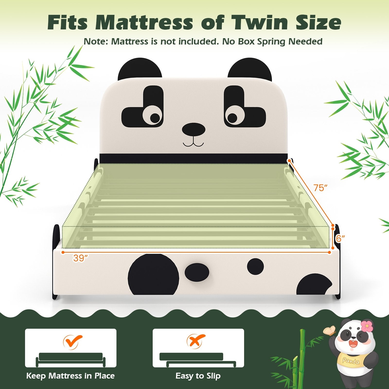 Twin Size Kids Bed with Cute Panda Headboard, Black & White Toddler Beds   at Gallery Canada