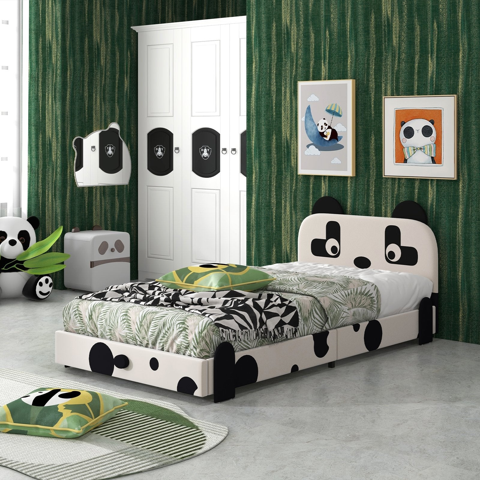 Twin Size Kids Bed with Cute Panda Headboard, Black & White Toddler Beds   at Gallery Canada