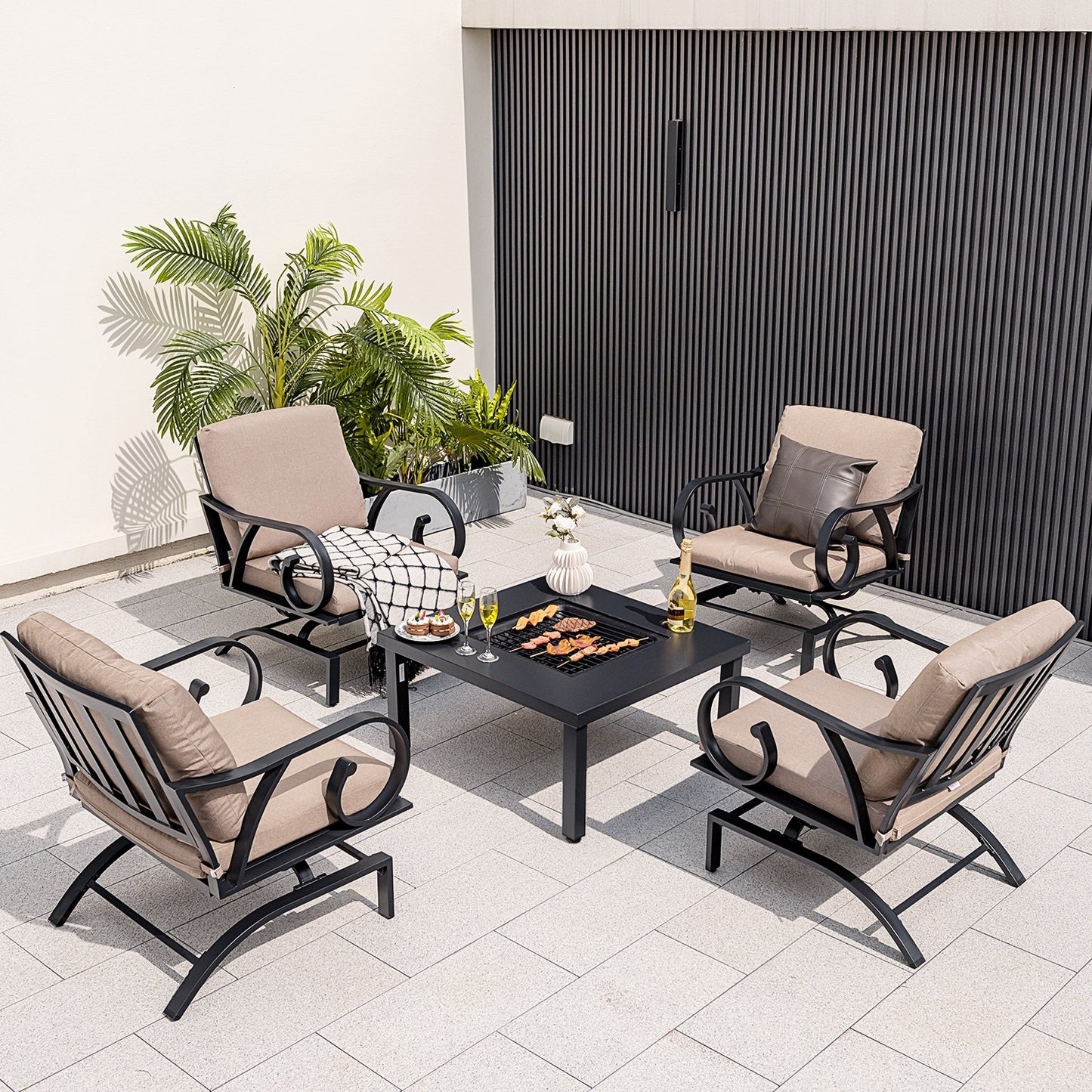 5 Pieces Patio Rocking Chairs and 4-in-1 Fire Pit Table with Fire Poker, Brown Patio Conversation Sets   at Gallery Canada