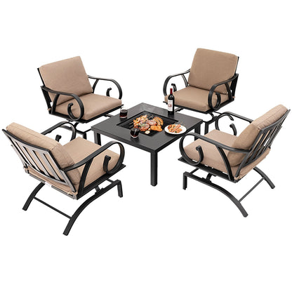 5 Pieces Patio Rocking Chairs and 4-in-1 Fire Pit Table with Fire Poker, Brown Patio Conversation Sets   at Gallery Canada