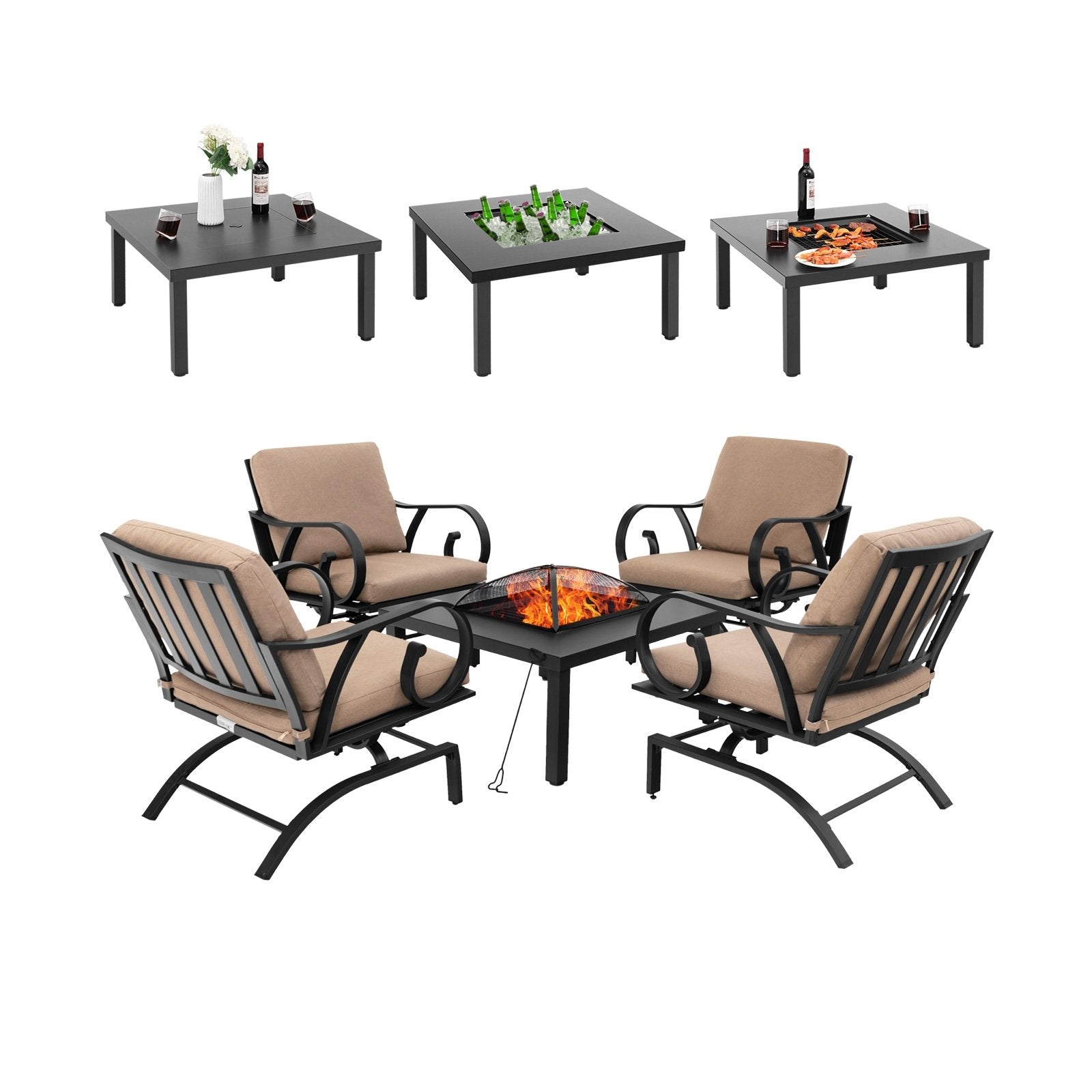 5 Pieces Patio Rocking Chairs and 4-in-1 Fire Pit Table with Fire Poker, Brown Patio Conversation Sets   at Gallery Canada