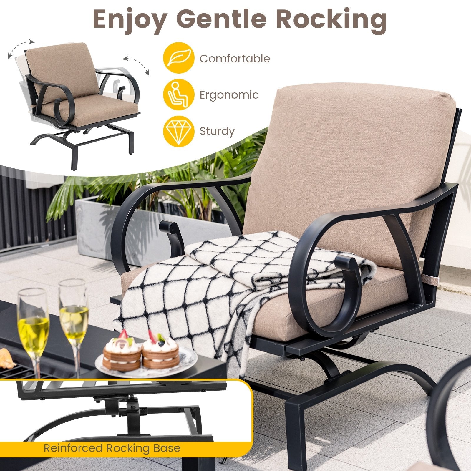 5 Pieces Patio Rocking Chairs and 4-in-1 Fire Pit Table with Fire Poker, Brown Patio Conversation Sets   at Gallery Canada