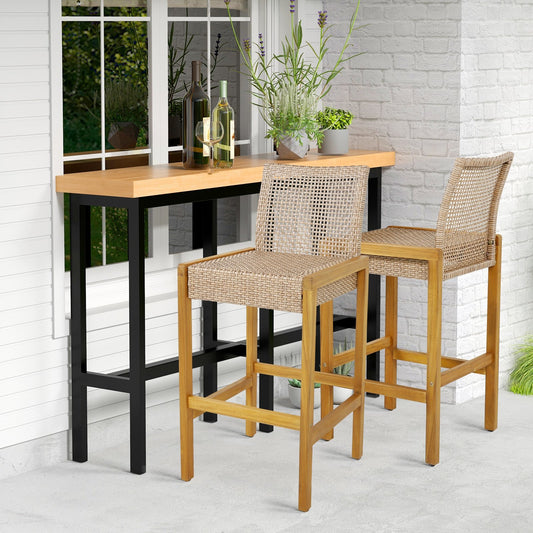 Set of 2 Rattan Patio Wood Barstools Dining Chairs with Backrest-Set of 2, Light Brown - Gallery Canada