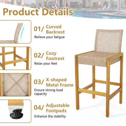 Set of 2 Rattan Patio Wood Barstools Dining Chairs with Backrest-Set of 2, Light Brown Patio Dining Chairs   at Gallery Canada