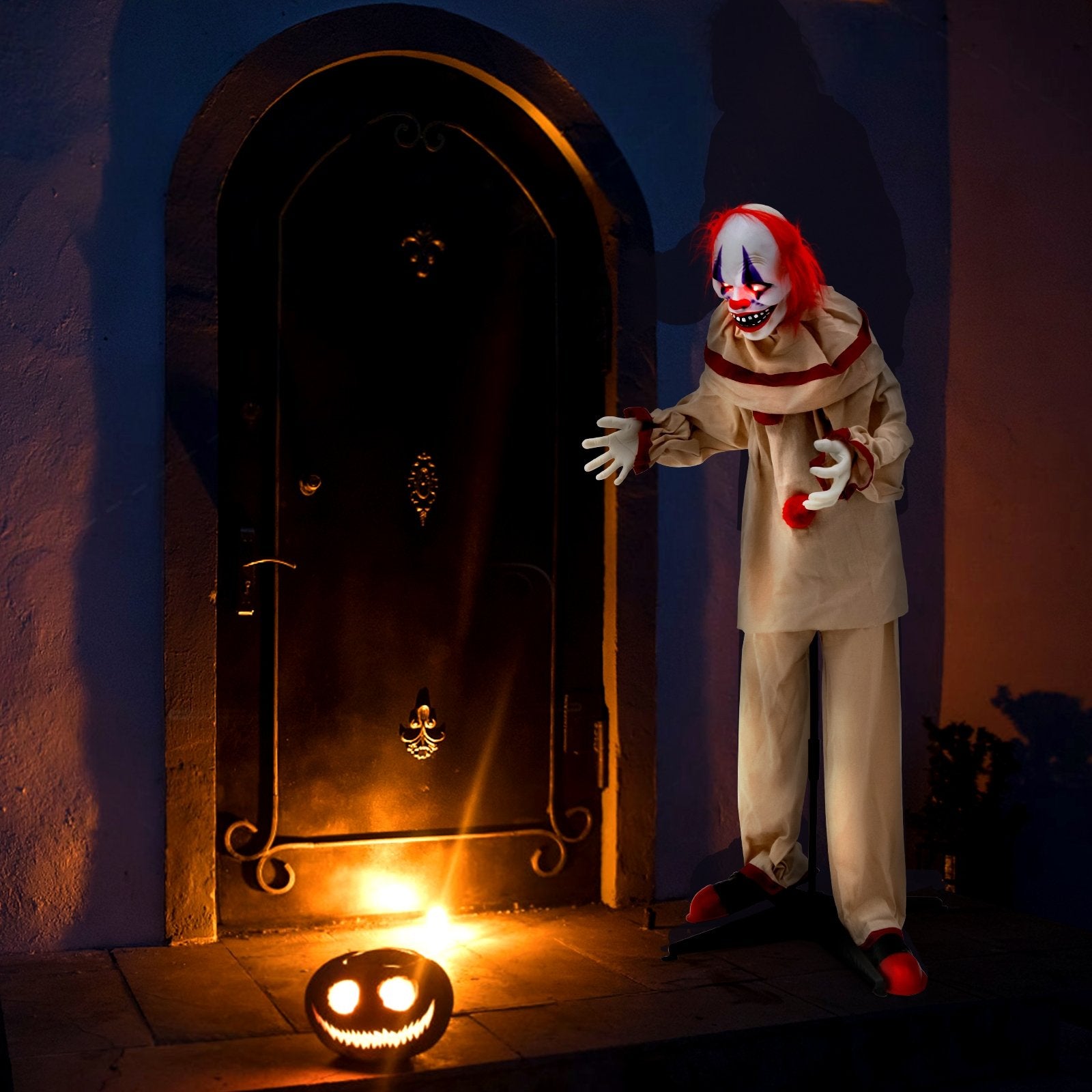 5 FT Grins Animatronic Killer Clown Halloween Decoration with Glowing Red Eyes, Beige Halloween   at Gallery Canada