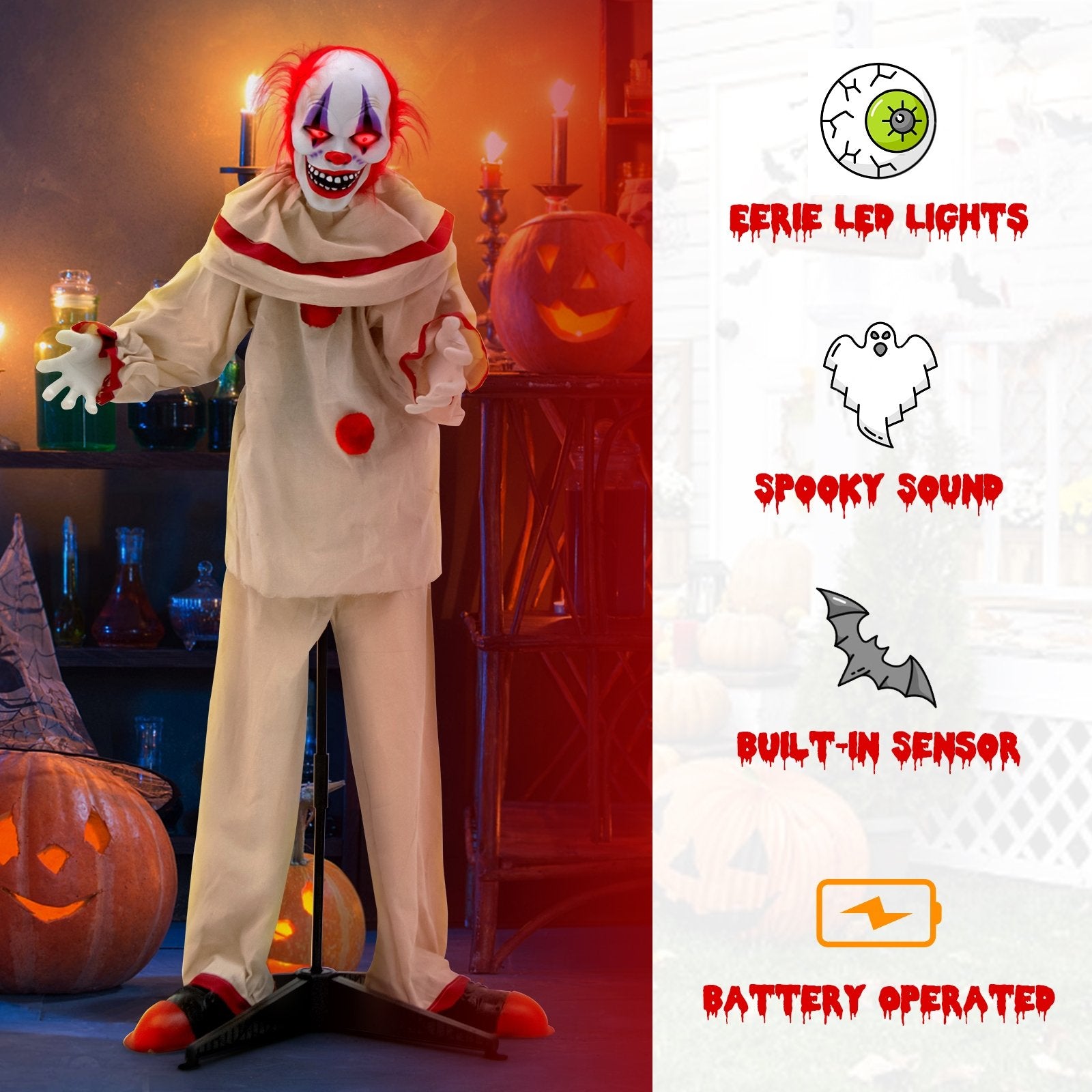 5 FT Grins Animatronic Killer Clown Halloween Decoration with Glowing Red Eyes, Beige Halloween   at Gallery Canada