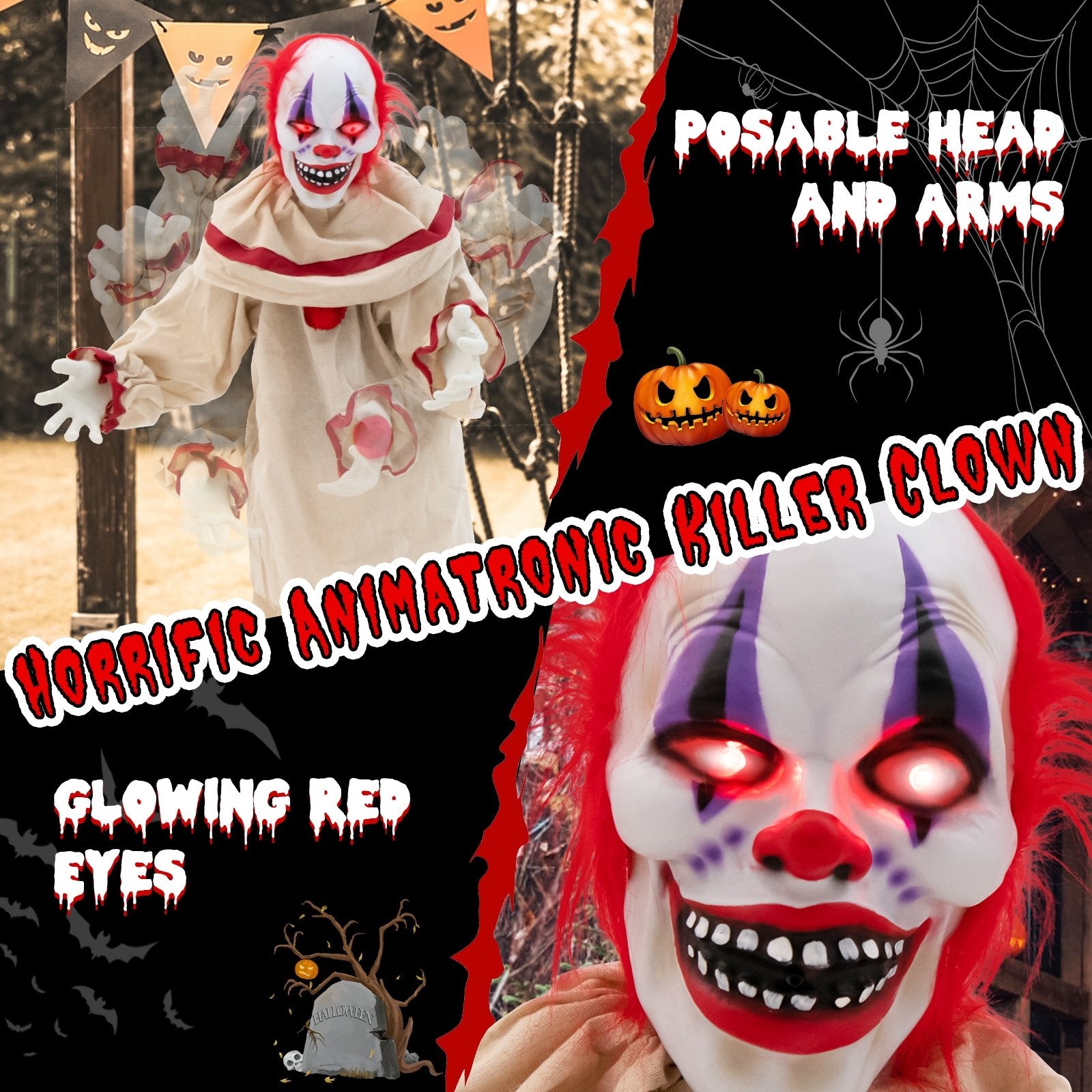 5 FT Grins Animatronic Killer Clown Halloween Decoration with Glowing Red Eyes, Beige Halloween   at Gallery Canada