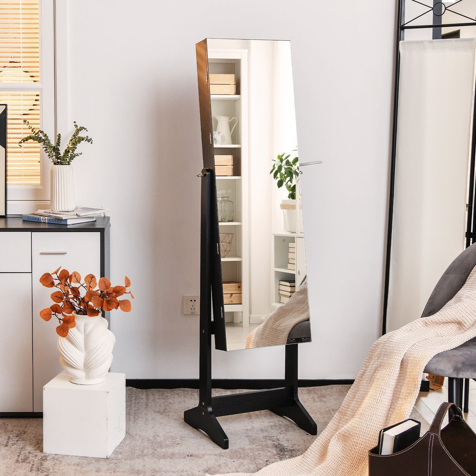 Freestanding Jewelry Cabinet with Full Length Mirror, Black Jewelry Armoires   at Gallery Canada