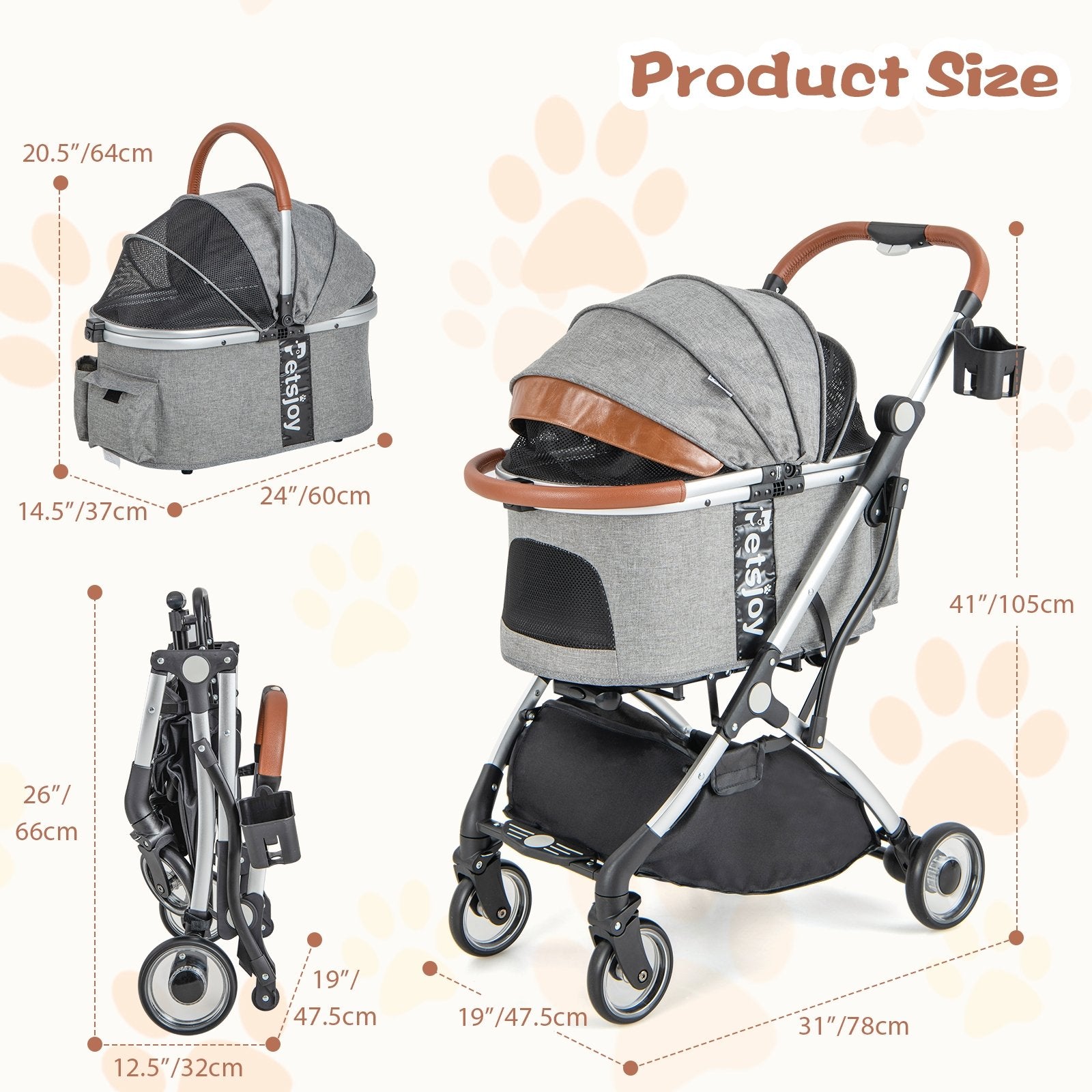 Foldable Dog Cat Stroller with Removable Waterproof Cover, Dark Gray Dog Supplies   at Gallery Canada