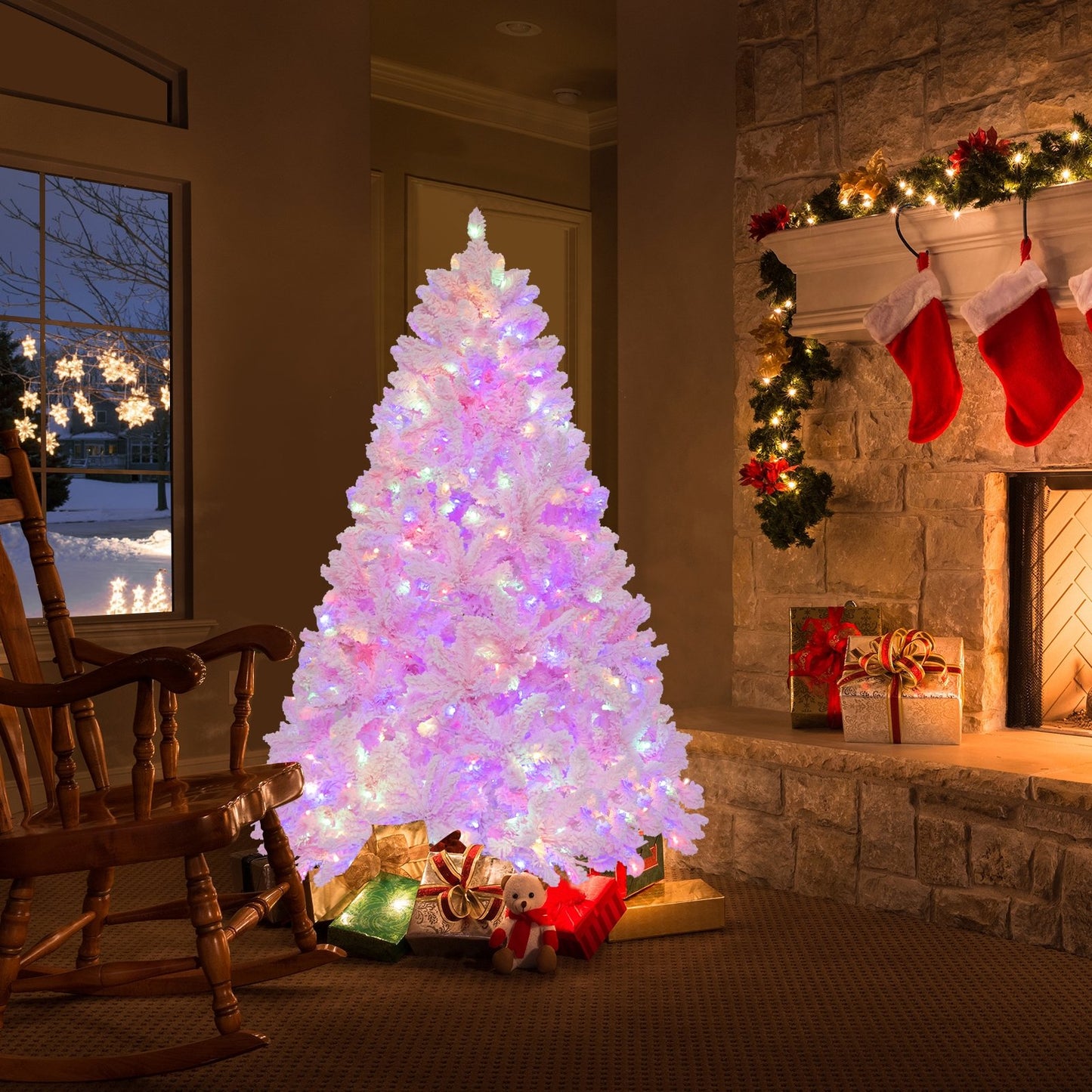 6 FT Flocked Artificial Xmas Tree Hinged with 350 LED Lights, Pink Christmas Tree   at Gallery Canada