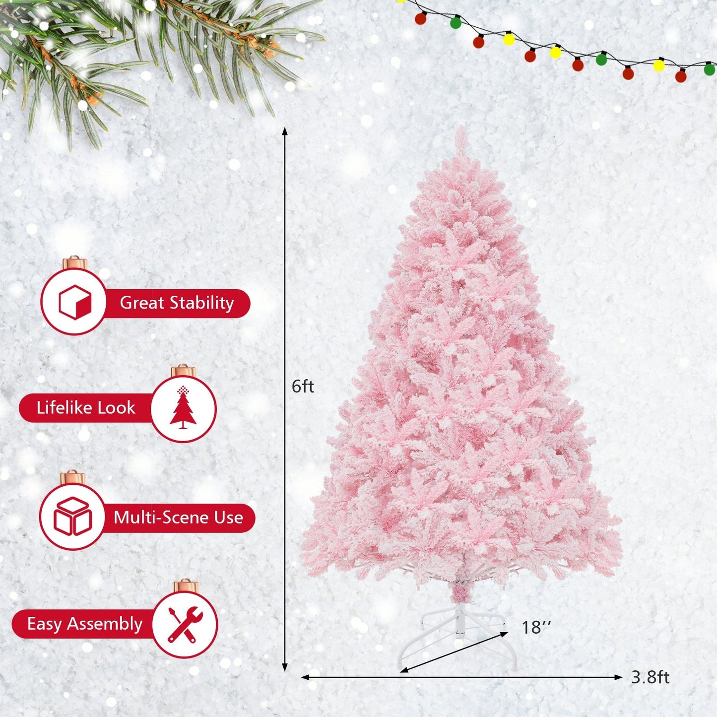 6 FT Flocked Artificial Xmas Tree Hinged with 350 LED Lights, Pink Christmas Tree   at Gallery Canada