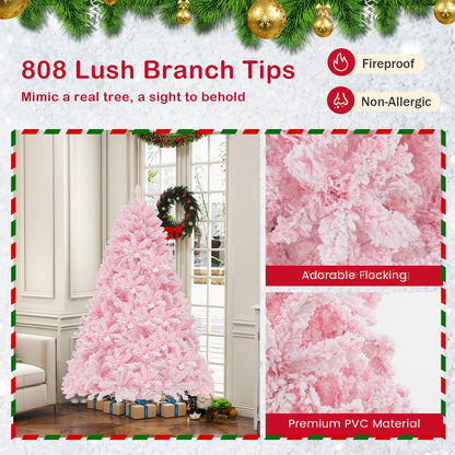 6 FT Flocked Artificial Xmas Tree Hinged with 350 LED Lights, Pink Christmas Tree   at Gallery Canada