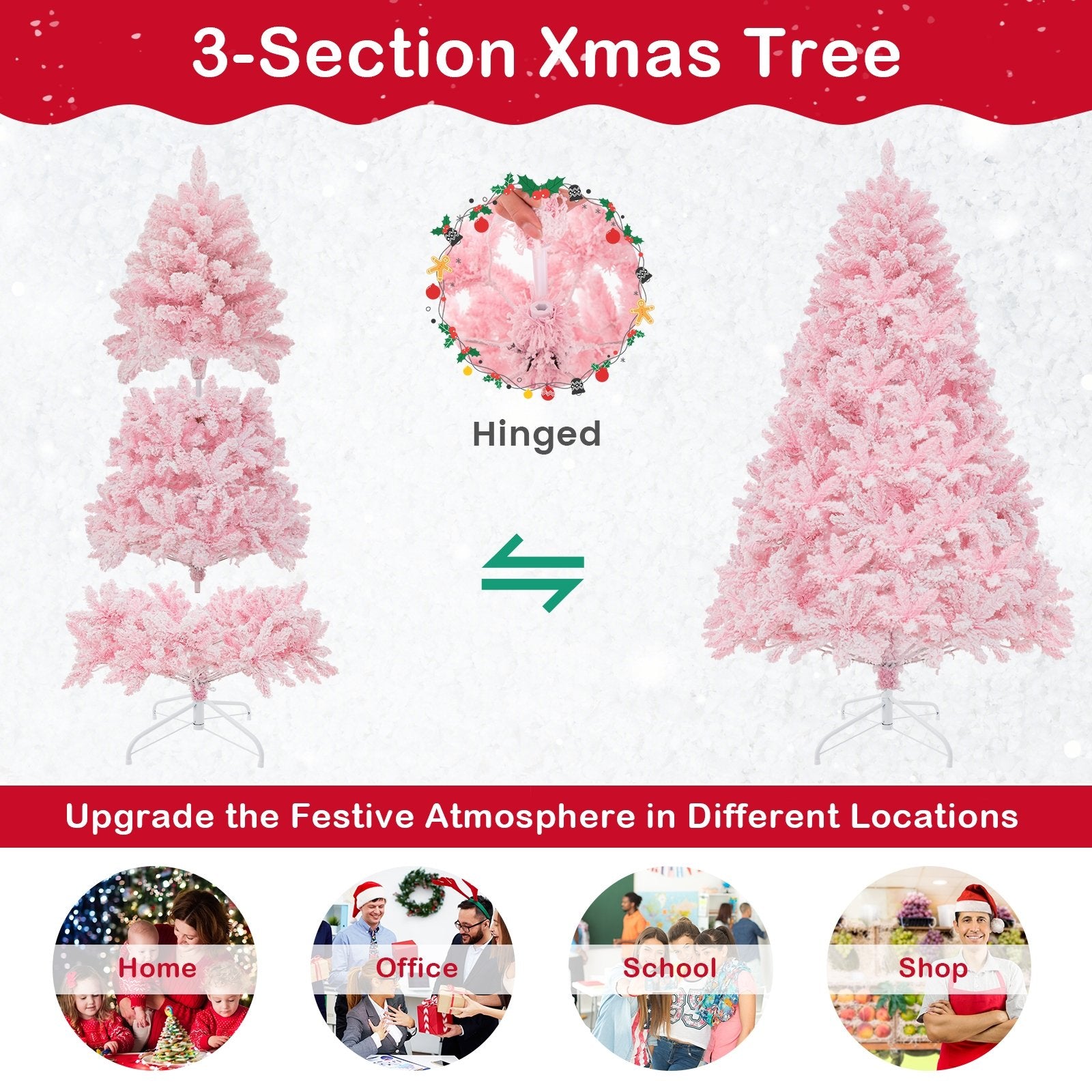 6 FT Flocked Artificial Xmas Tree Hinged with 350 LED Lights, Pink Christmas Tree   at Gallery Canada