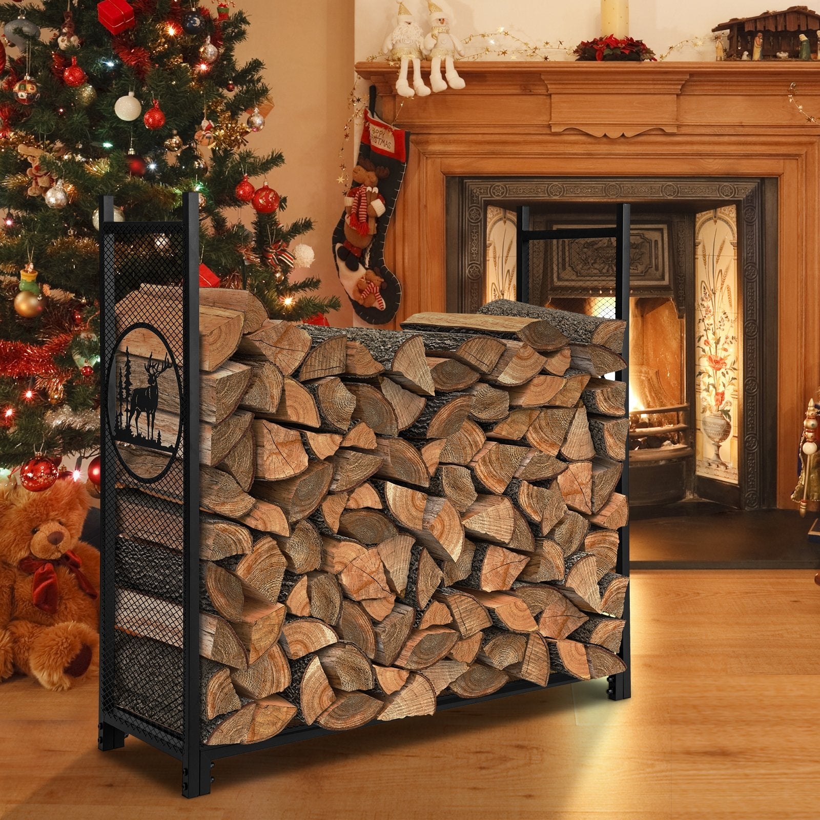 4 Feet Firewood Rack Stand with Mesh Sides, Black Log Storage   at Gallery Canada