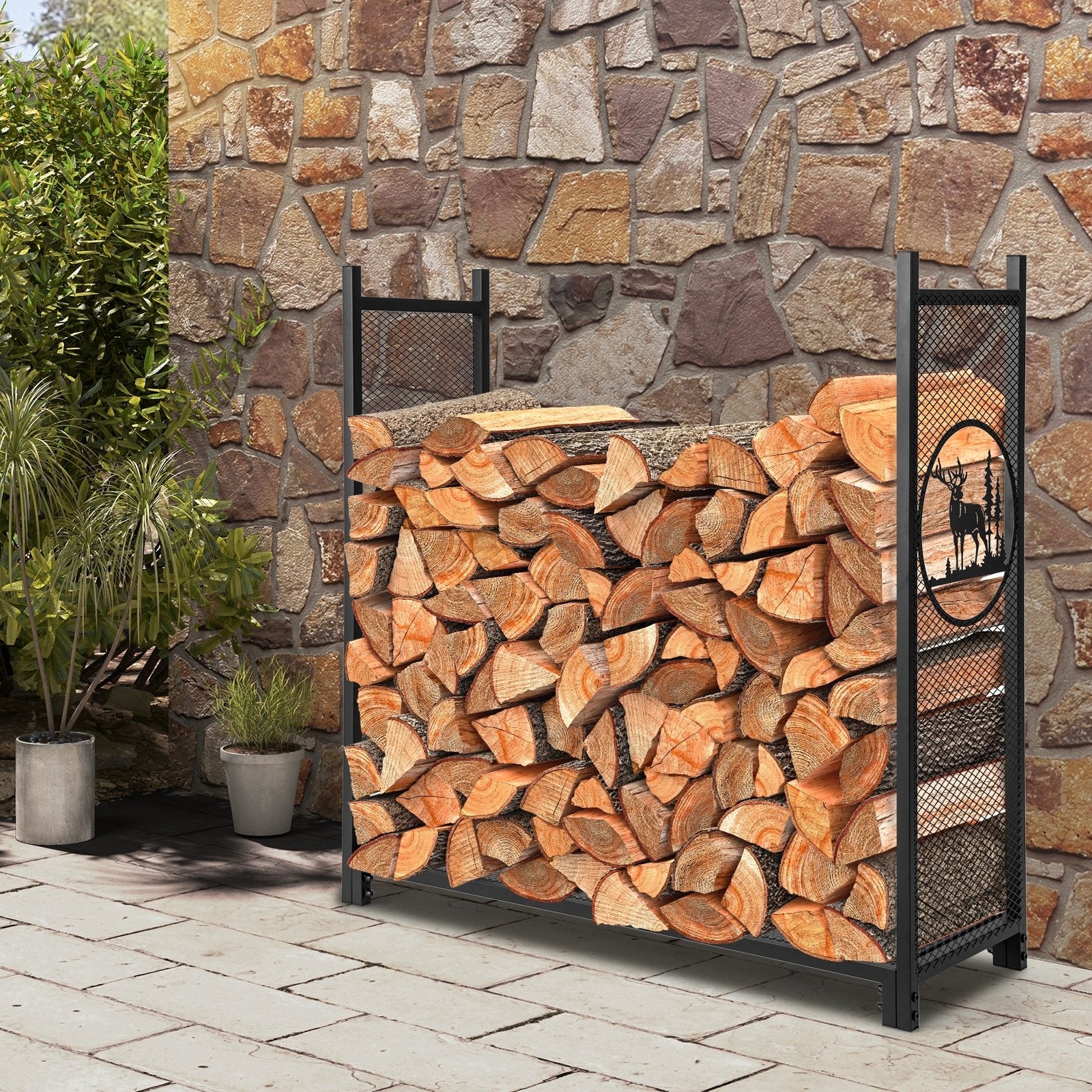 4 Feet Firewood Rack Stand with Mesh Sides, Black Log Storage   at Gallery Canada