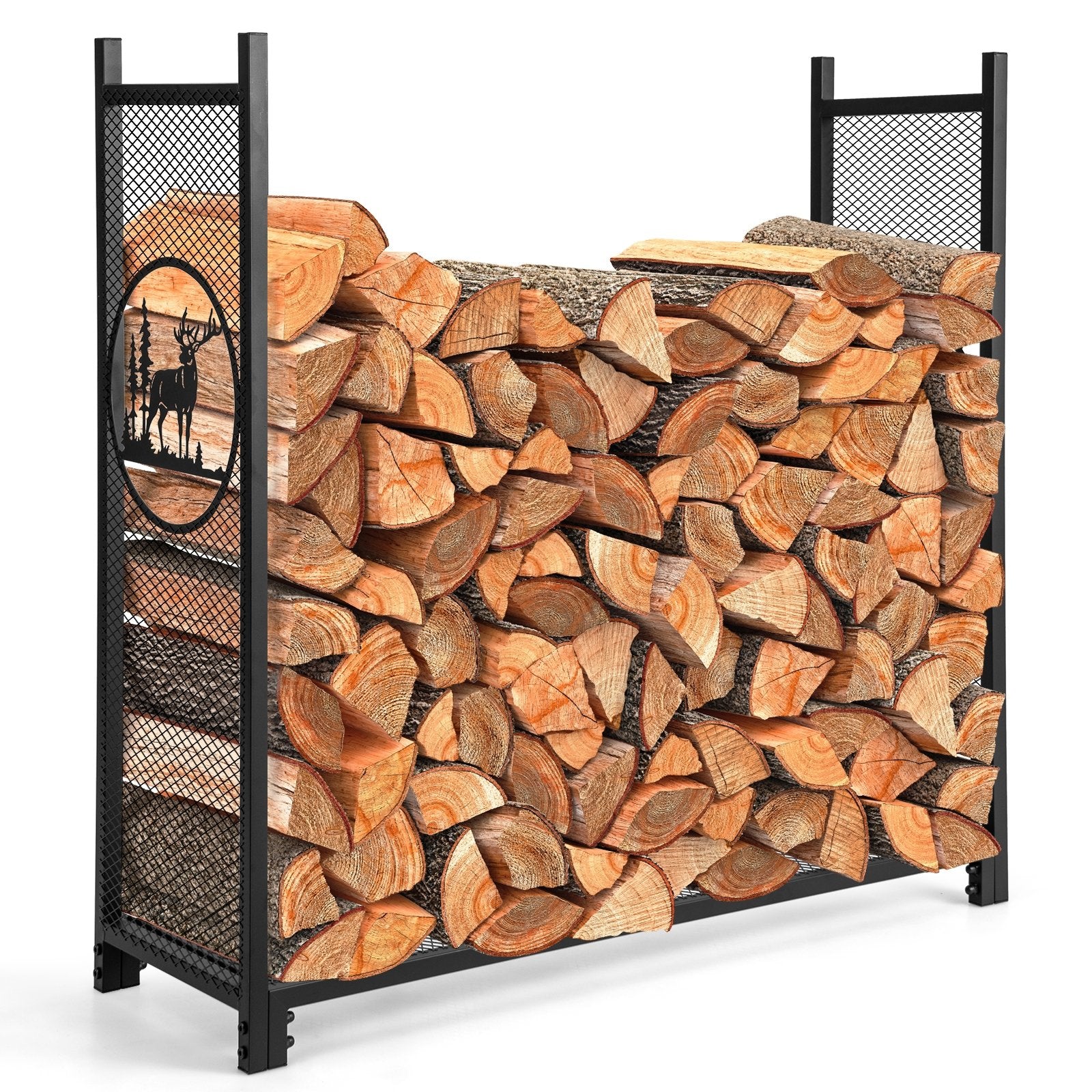 4 Feet Firewood Rack Stand with Mesh Sides, Black Log Storage   at Gallery Canada