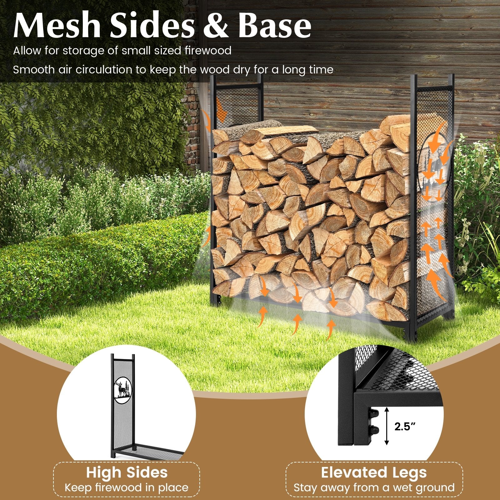 4 Feet Firewood Rack Stand with Mesh Sides, Black Log Storage   at Gallery Canada