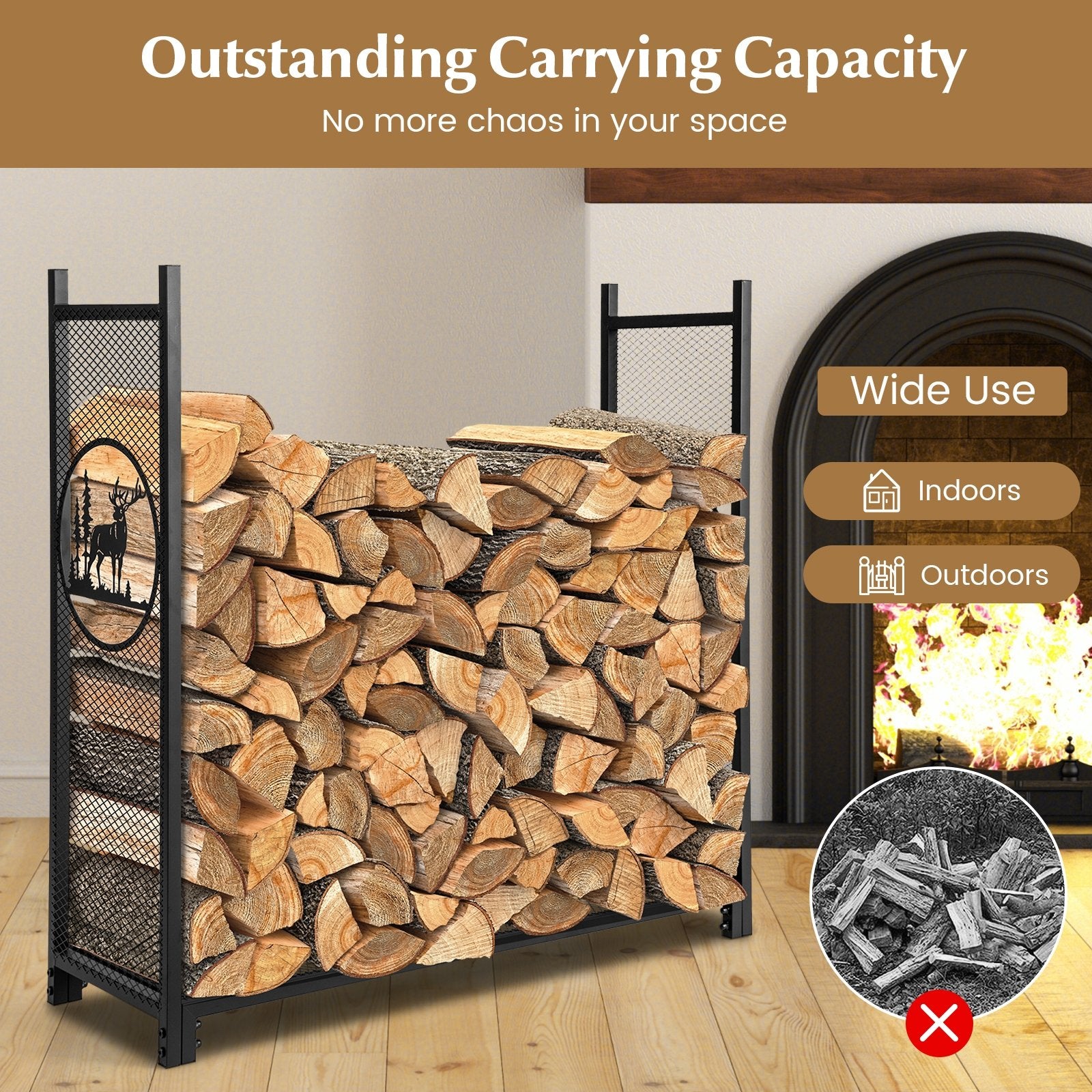 4 Feet Firewood Rack Stand with Mesh Sides, Black Log Storage   at Gallery Canada