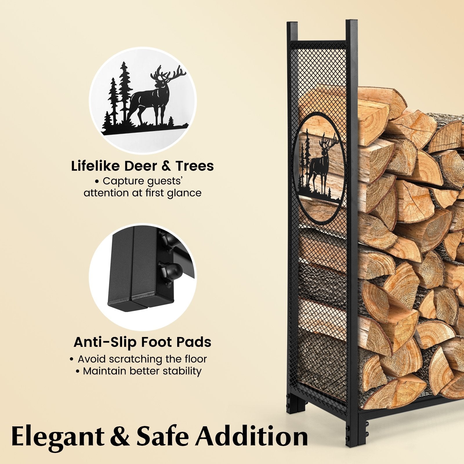 4 Feet Firewood Rack Stand with Mesh Sides, Black Log Storage   at Gallery Canada