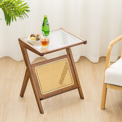 Boho End Table with Magazine Rack and Tempered Glass Top, Walnut End & Side Tables   at Gallery Canada