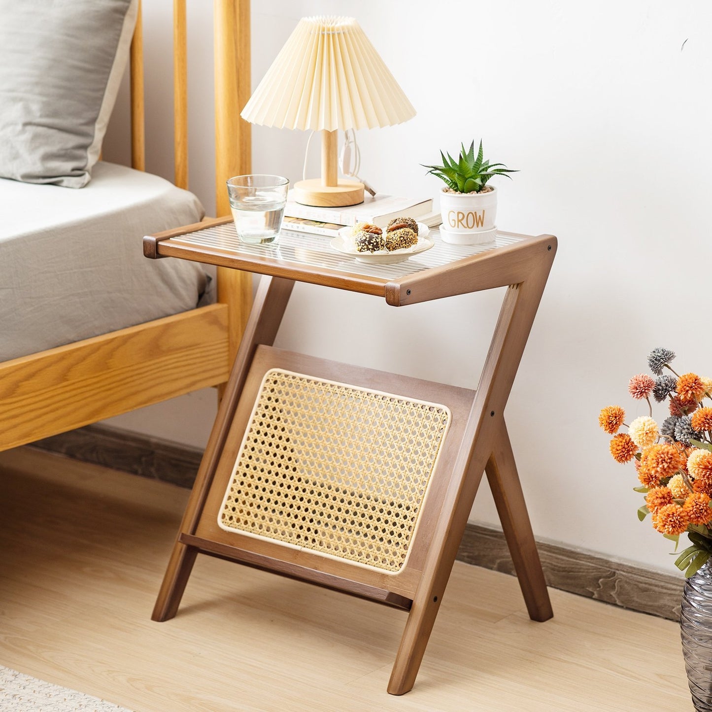 Boho End Table with Magazine Rack and Tempered Glass Top, Walnut End & Side Tables   at Gallery Canada