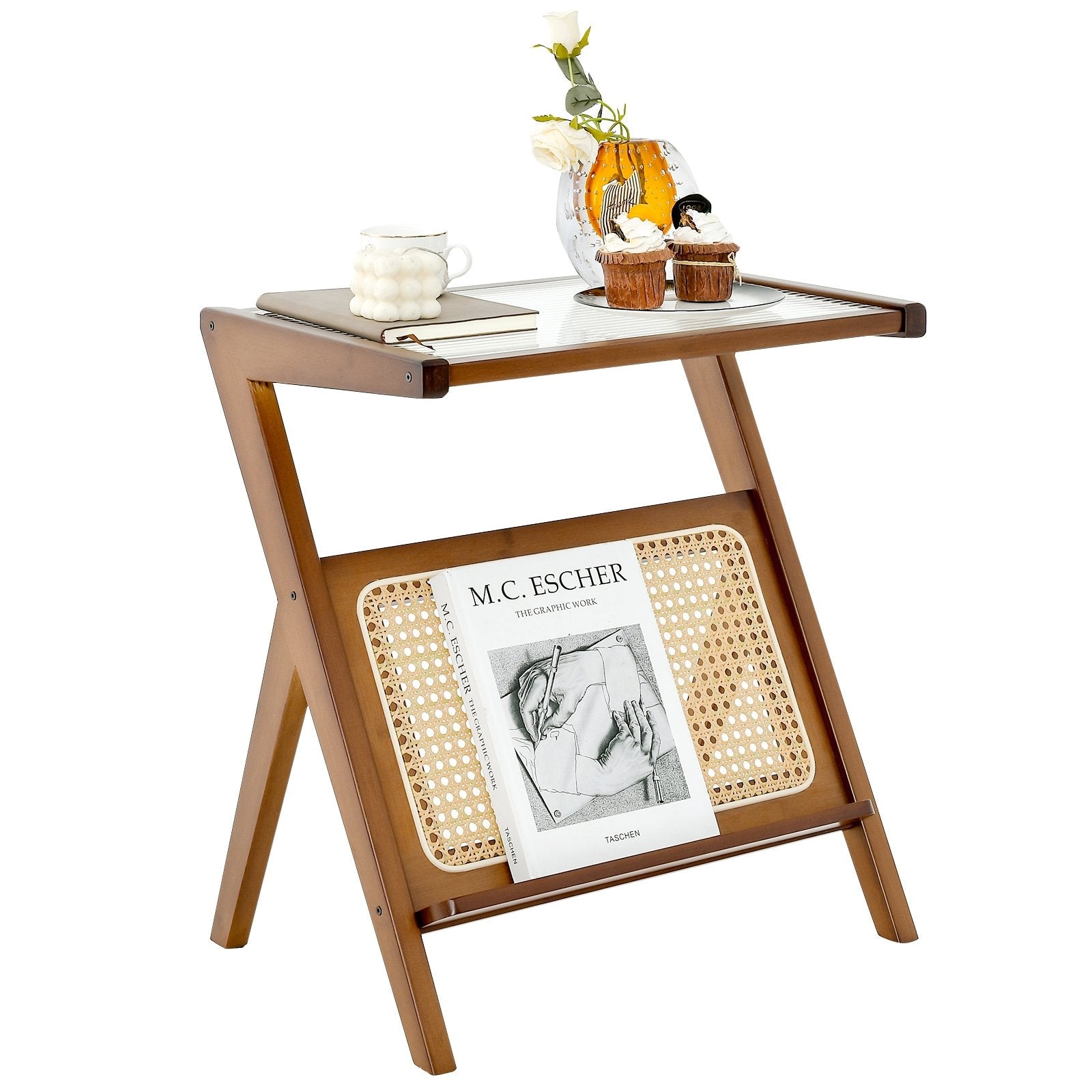 Boho End Table with Magazine Rack and Tempered Glass Top, Walnut End & Side Tables   at Gallery Canada