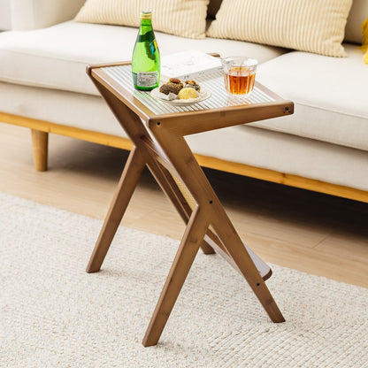 Boho End Table with Magazine Rack and Tempered Glass Top, Walnut End & Side Tables   at Gallery Canada