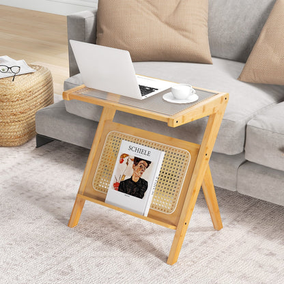 Boho End Table with Magazine Rack and Tempered Glass Top, Natural End & Side Tables   at Gallery Canada