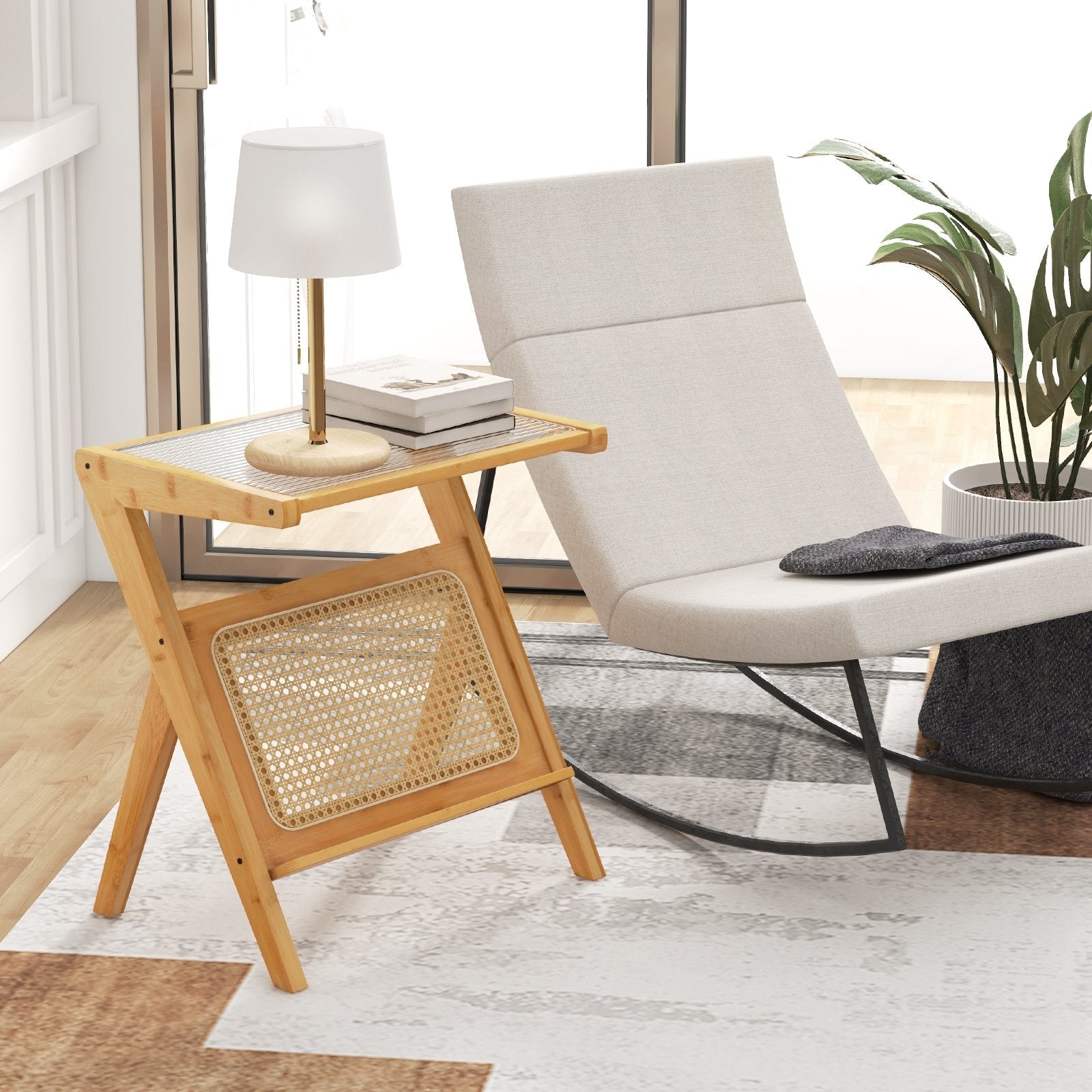 Boho End Table with Magazine Rack and Tempered Glass Top, Natural End & Side Tables   at Gallery Canada