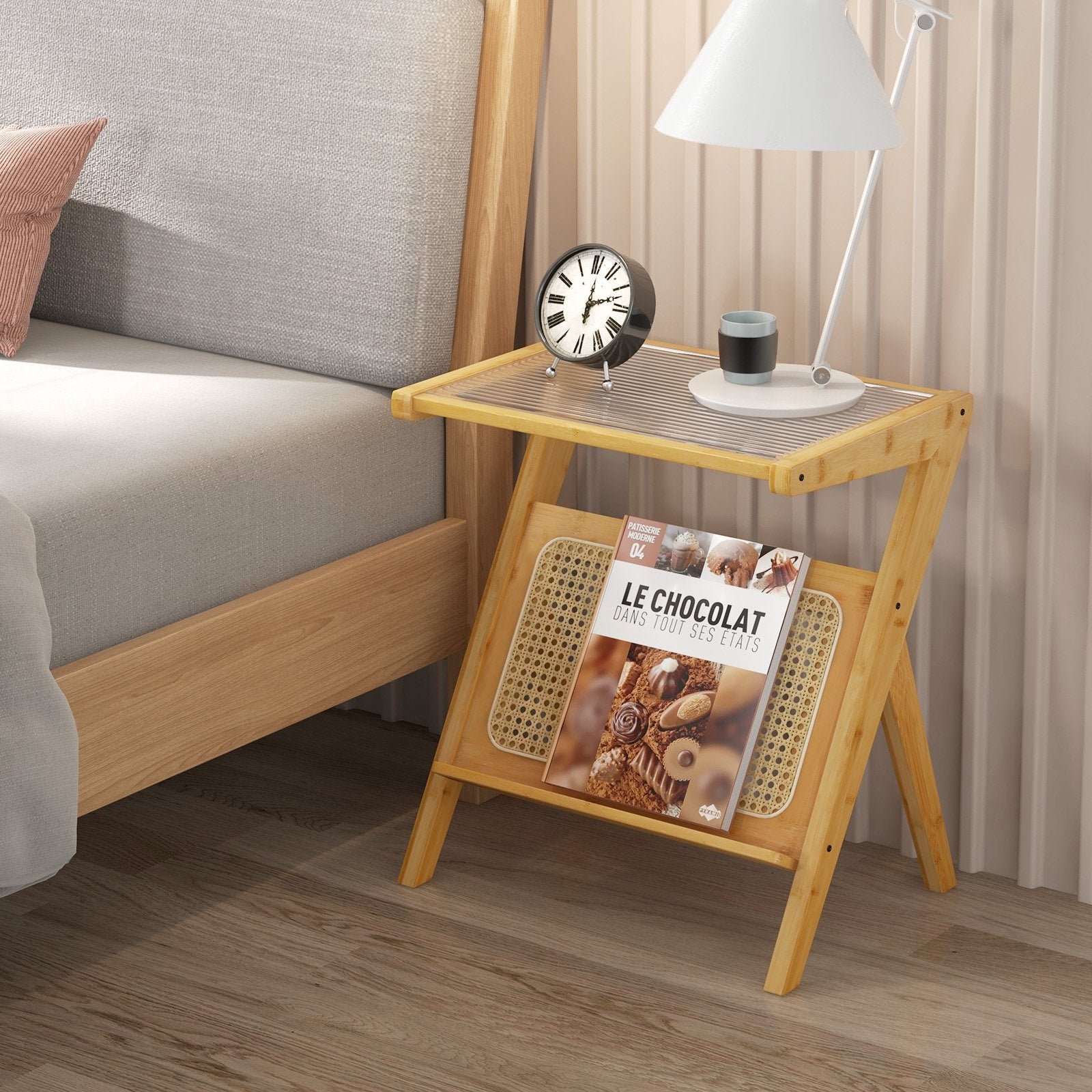 Boho End Table with Magazine Rack and Tempered Glass Top, Natural End & Side Tables   at Gallery Canada