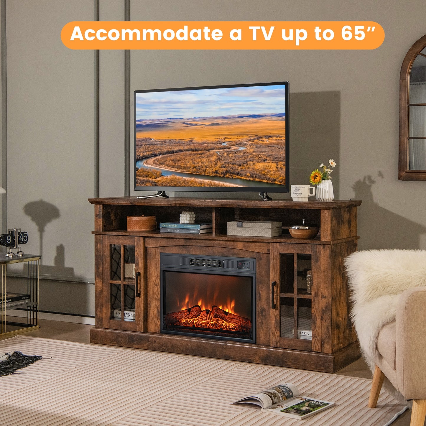 Fireplace TV Stand for TVs Up to 65 Inch with Side Cabinets and Remote Control, Brown Entertainment Centers & TV Stands   at Gallery Canada