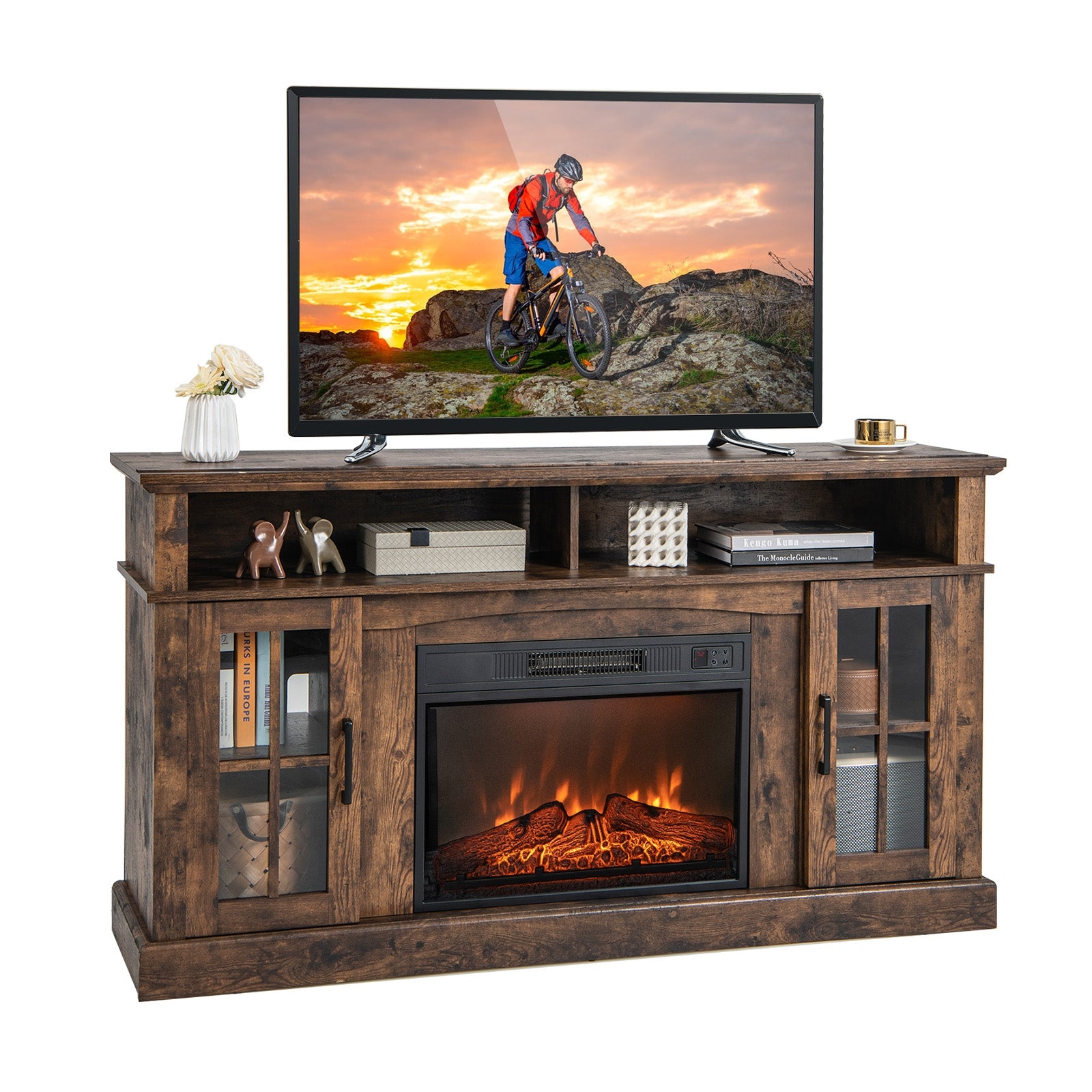 Fireplace TV Stand for TVs Up to 65 Inch with Side Cabinets and Remote Control, Brown Entertainment Centers & TV Stands Brown  at Gallery Canada